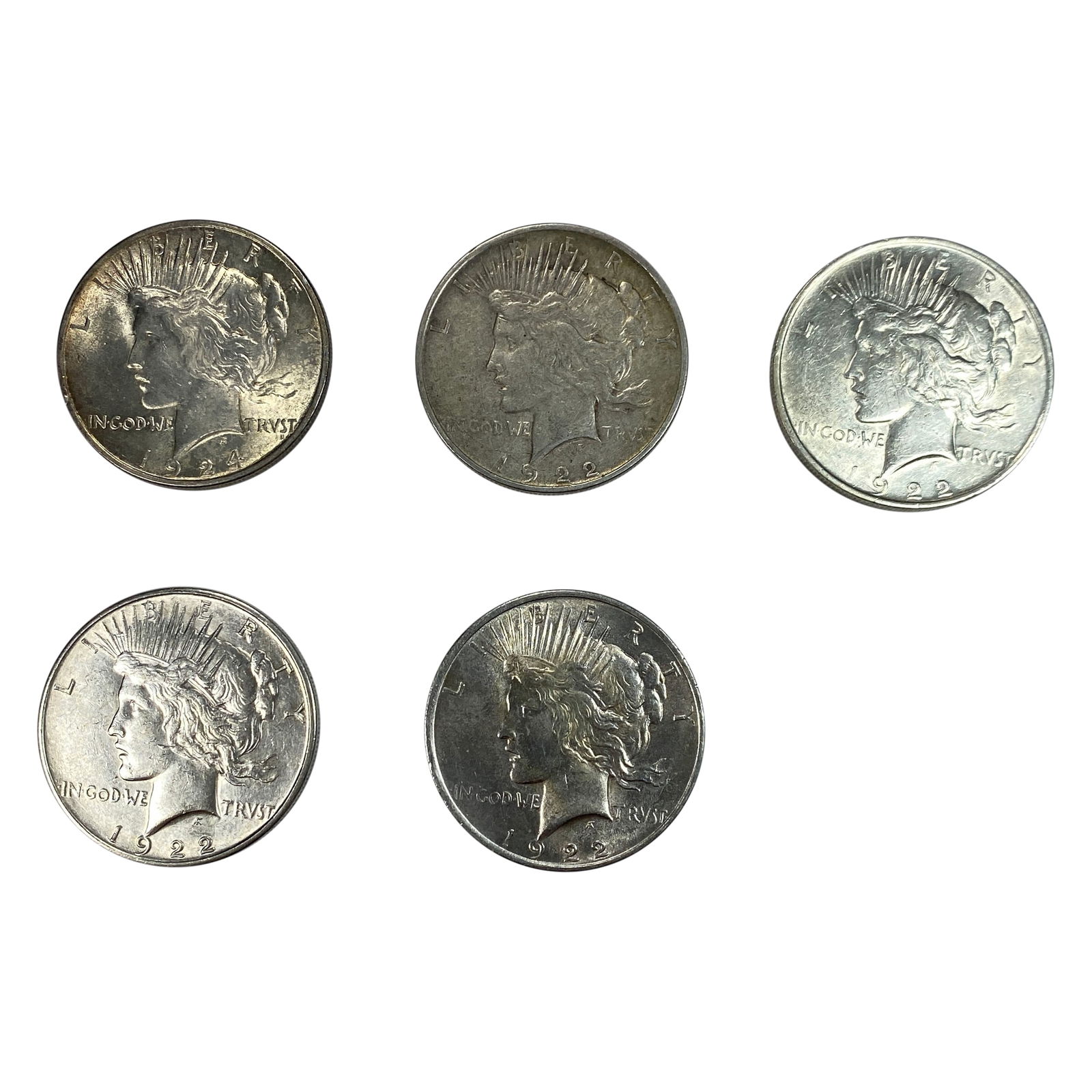 [5 Coins] 1922-1924 Silver Peace Dollar (1 of 2)