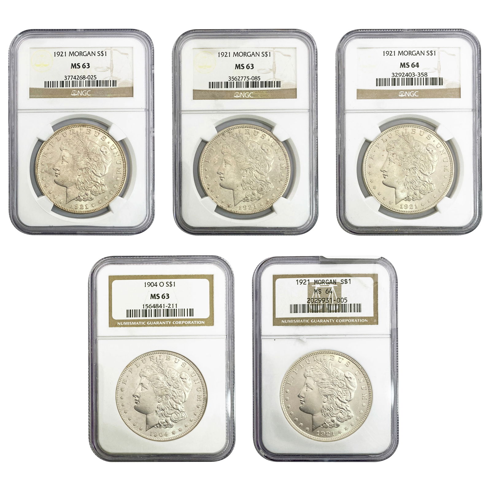 [5 Coins] 1904-1921 Morgan Silver Dollar NGC MS63-64 (1 of 11)