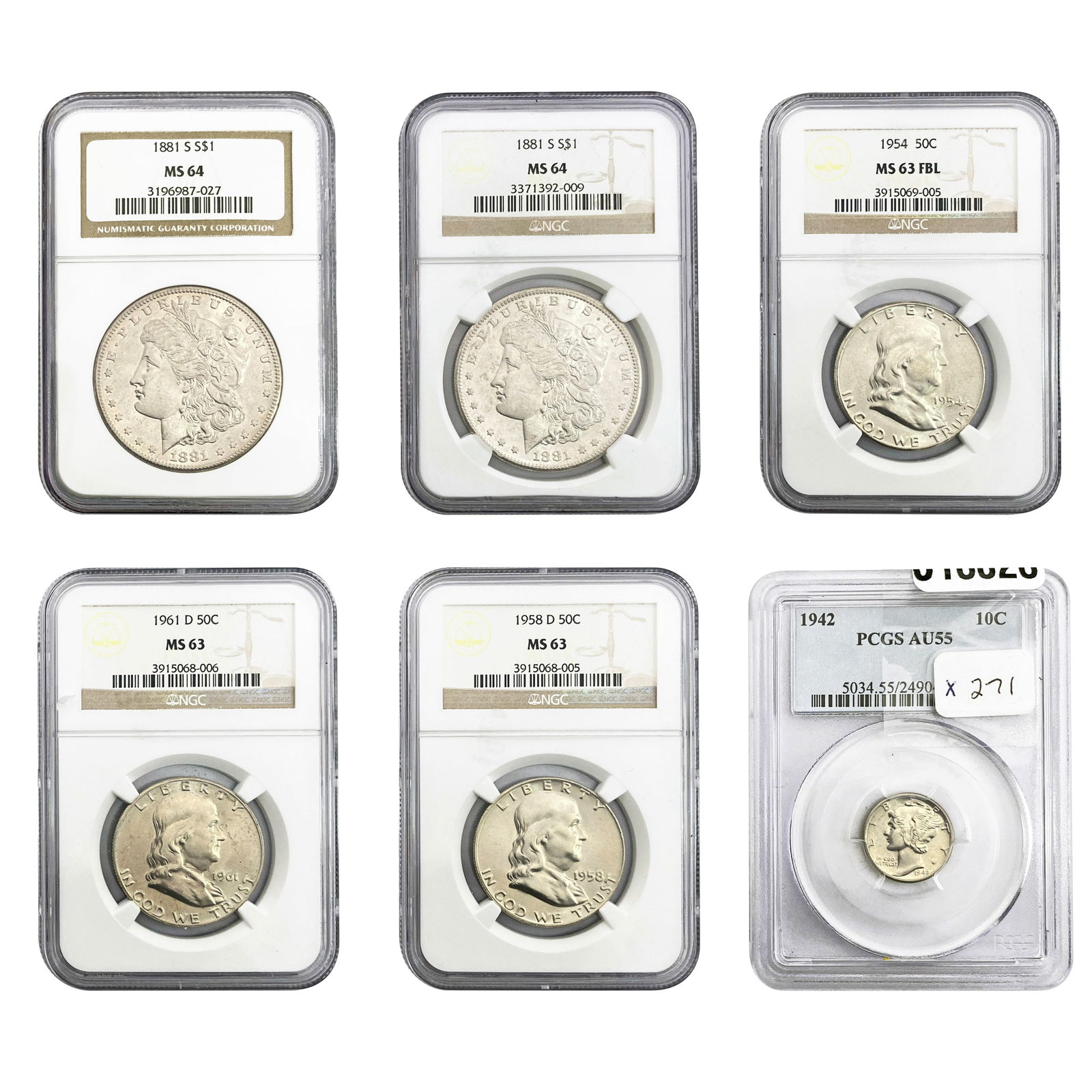 [6 Coins] 1881-1964 U.S. Lot 10C-$1 PCGS/NGC AU/MS55-64 (1 of 13)