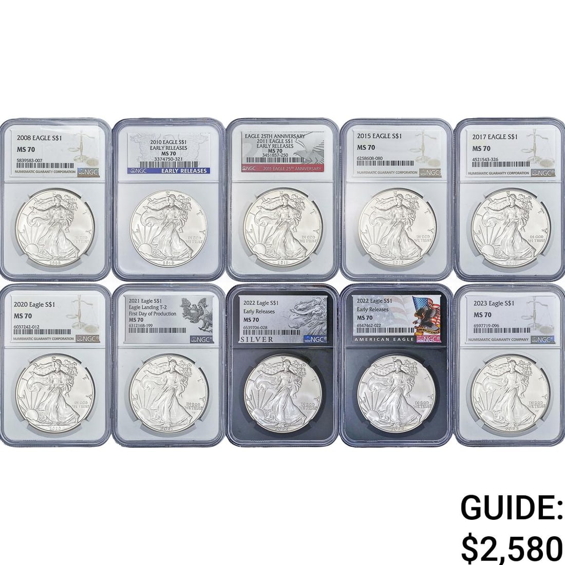 [10 Coins] 2008-2023 Silver Eagle NGC MS70 (1 of 2)