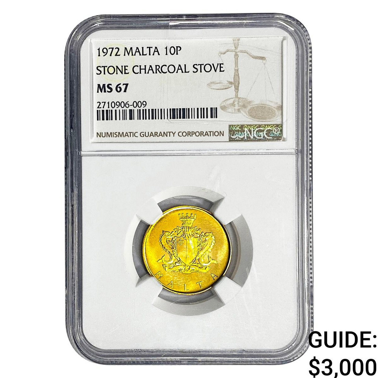 1972 Malta 10P .1769 AGW Stone Charcoal Stove NGC MS67: 1972 Malta 10P .1769 AGW Stone Charcoal Stove NGC MS67