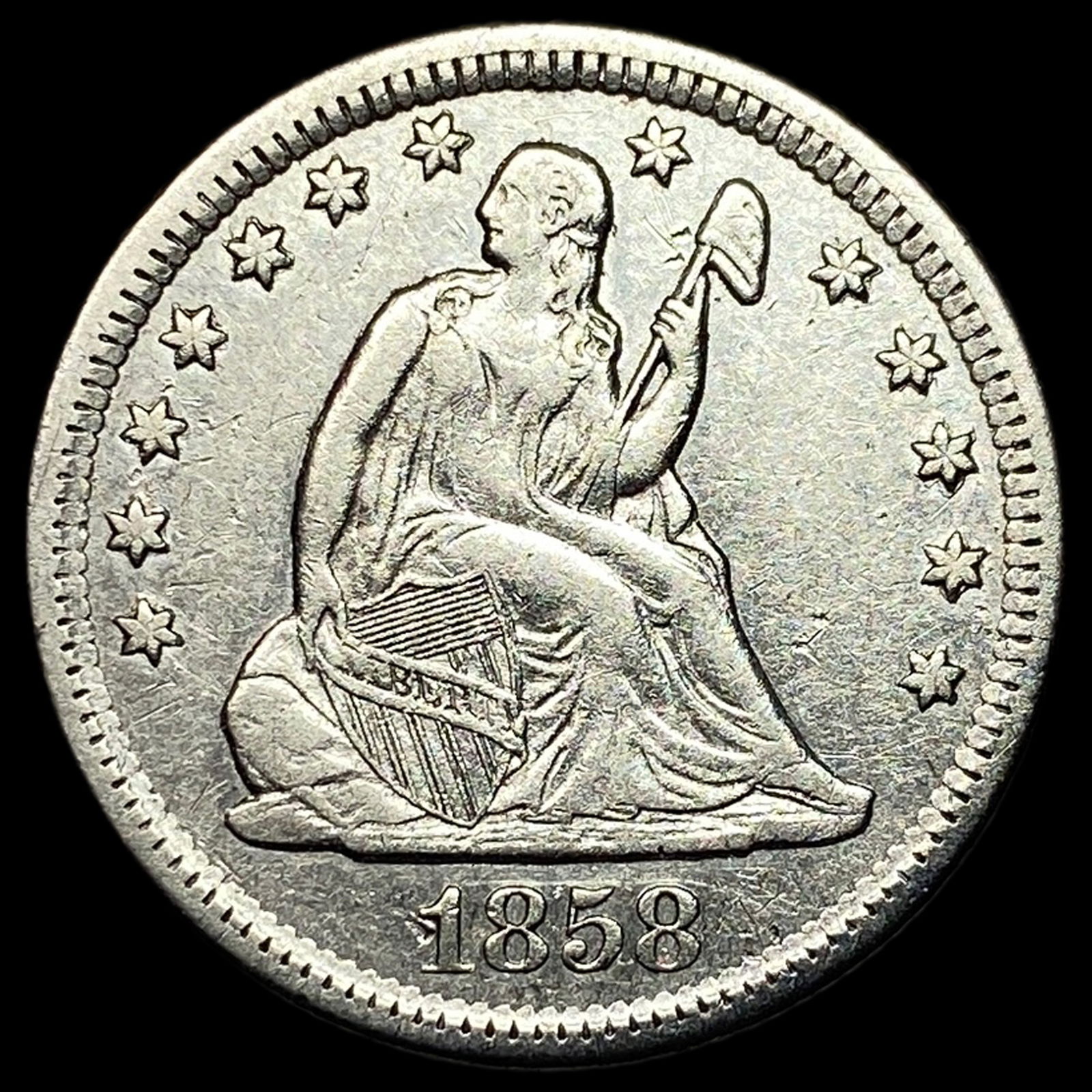 1858-O Silver Seated Liberty Quarter NEARLY UNCIRCULATED (1 of 2)