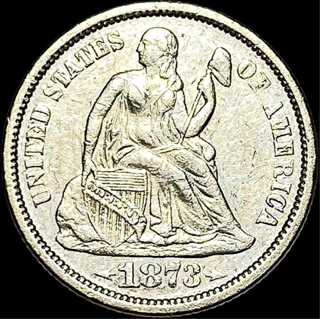 1873 Seated Liberty Dime ABOUT UNCIRCULATED (1 of 2)