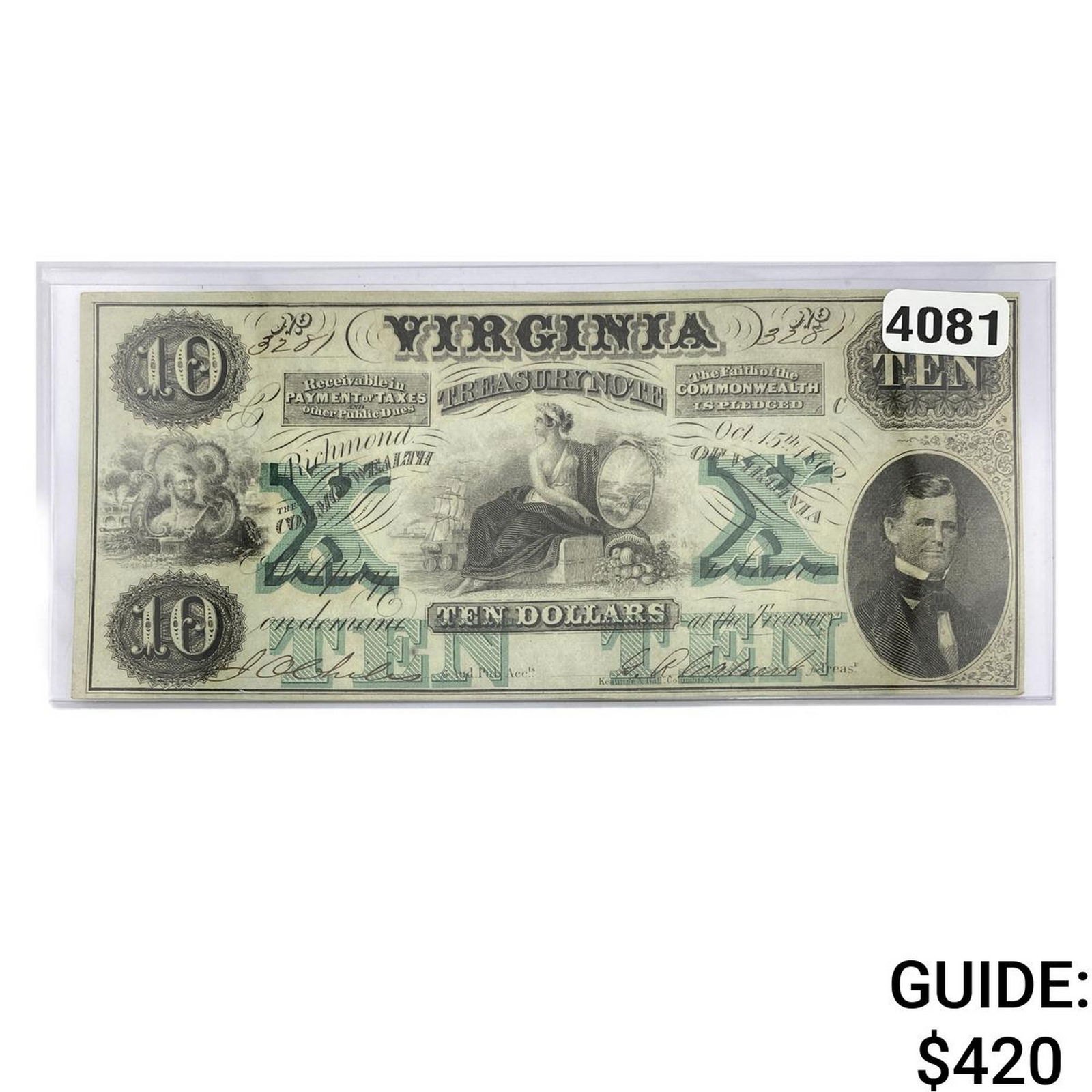 1862 $10 Virginia Treasury Note (1 of 2)