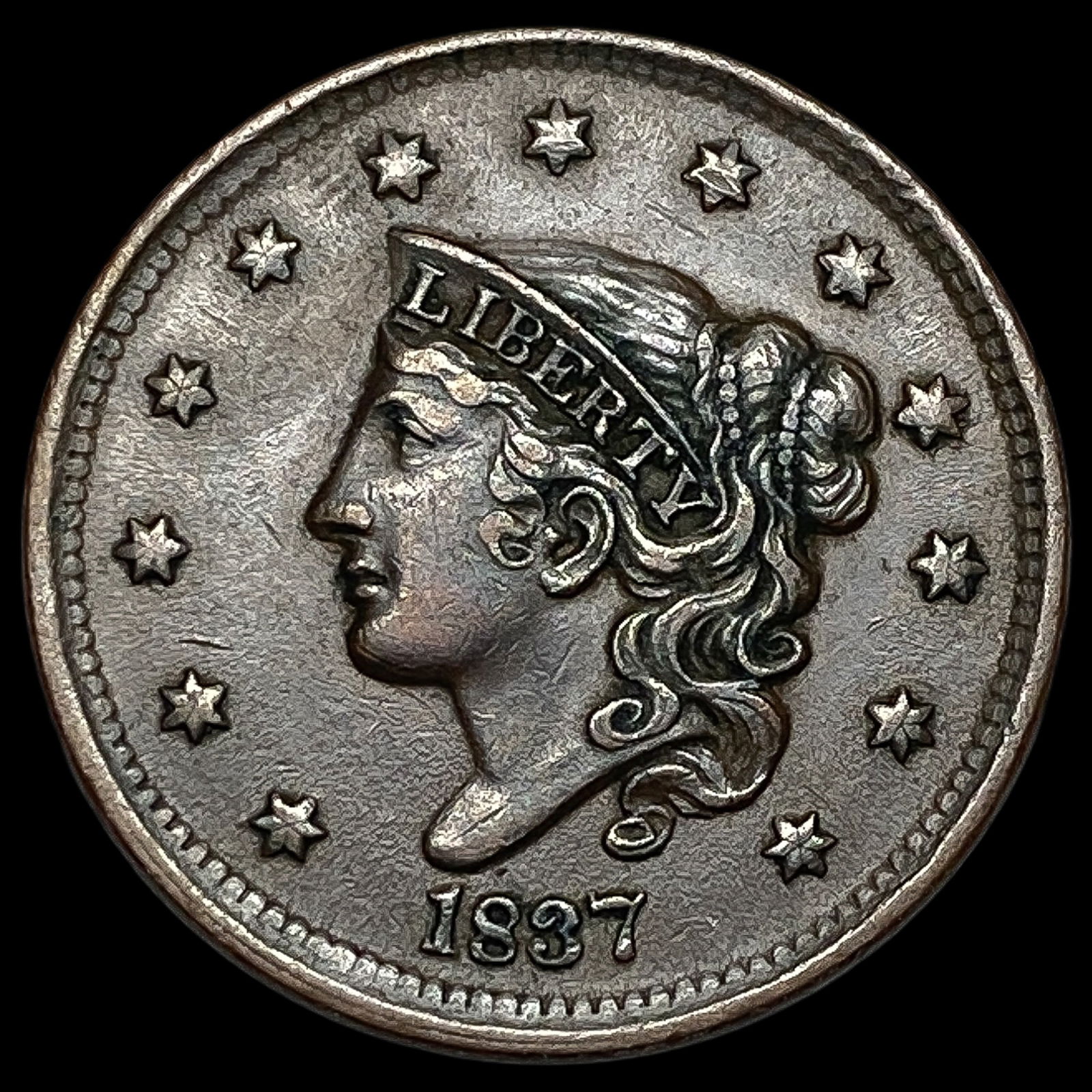 1837 Coronet Head Large Cent ABOUT UNCIRCULATED: 1837 Coronet Head Large Cent ABOUT UNCIRCULATED