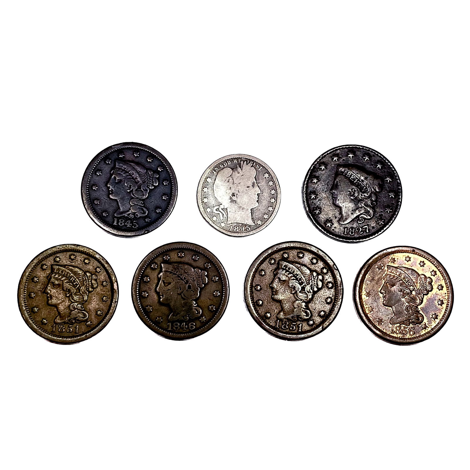 [7 Coins] 1827-1895 U.S. Large Cent& Quarter Lot (1 of 2)