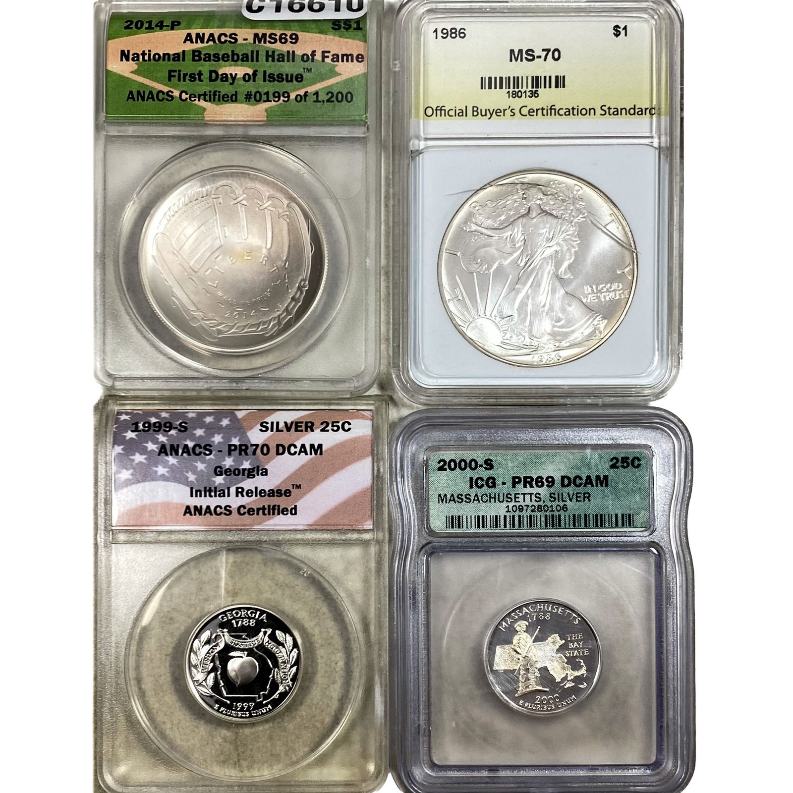 [4] Silver Coins, 25C, Comm $1, Silver Eagle (1 of 2)