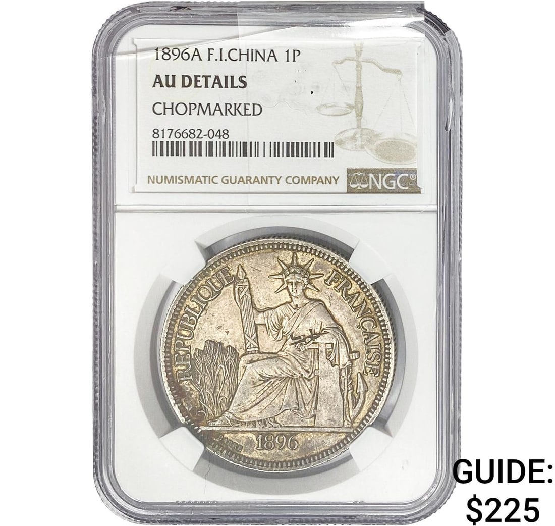 1896A France Indochina Silver 1 Piastre Chopmarked NGC AU Details: 1896A France Indochina Silver 1 Piastre Chopmarked NGC AU Details
