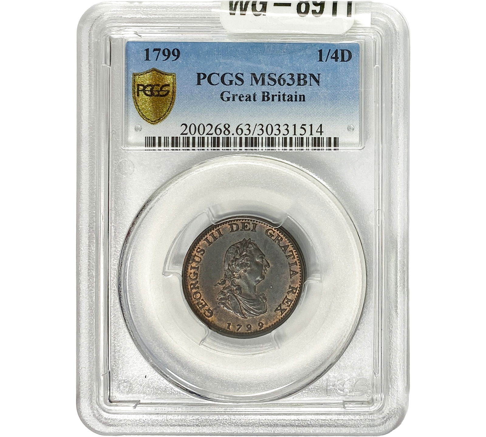 1799 Great Britain Copper 1/4 Farthing PCGS MS63 BN (1 of 2)