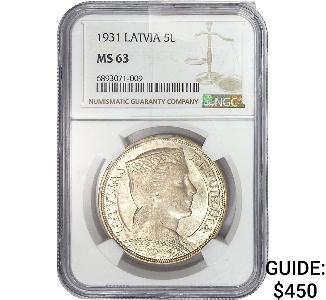 1931 Latvia Silver 5 Lati NGC MS63 (1 of 2)