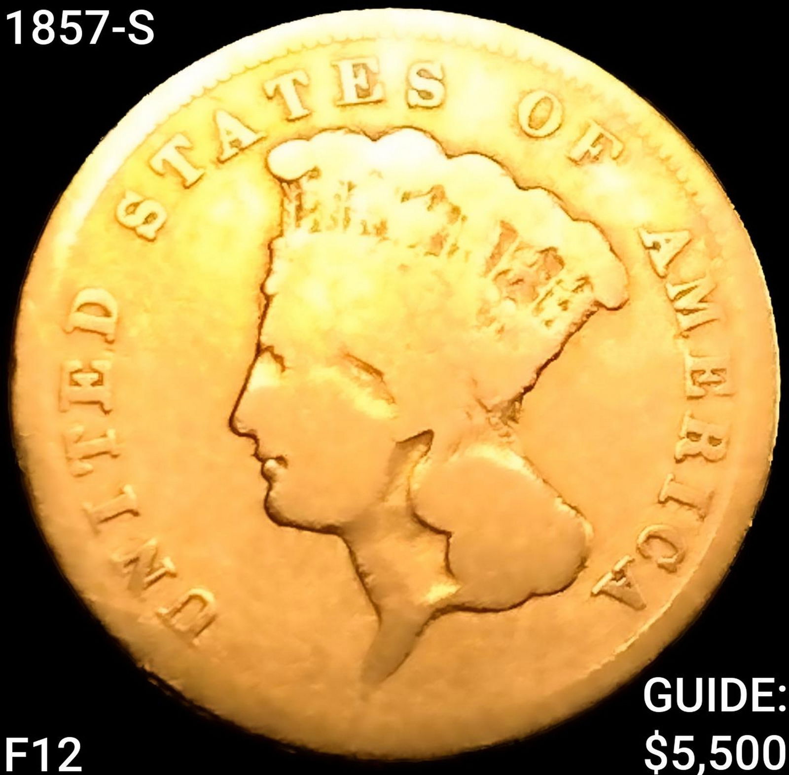 1857-S $3 Gold Piece NICELY CIRCULATED (1 of 2)