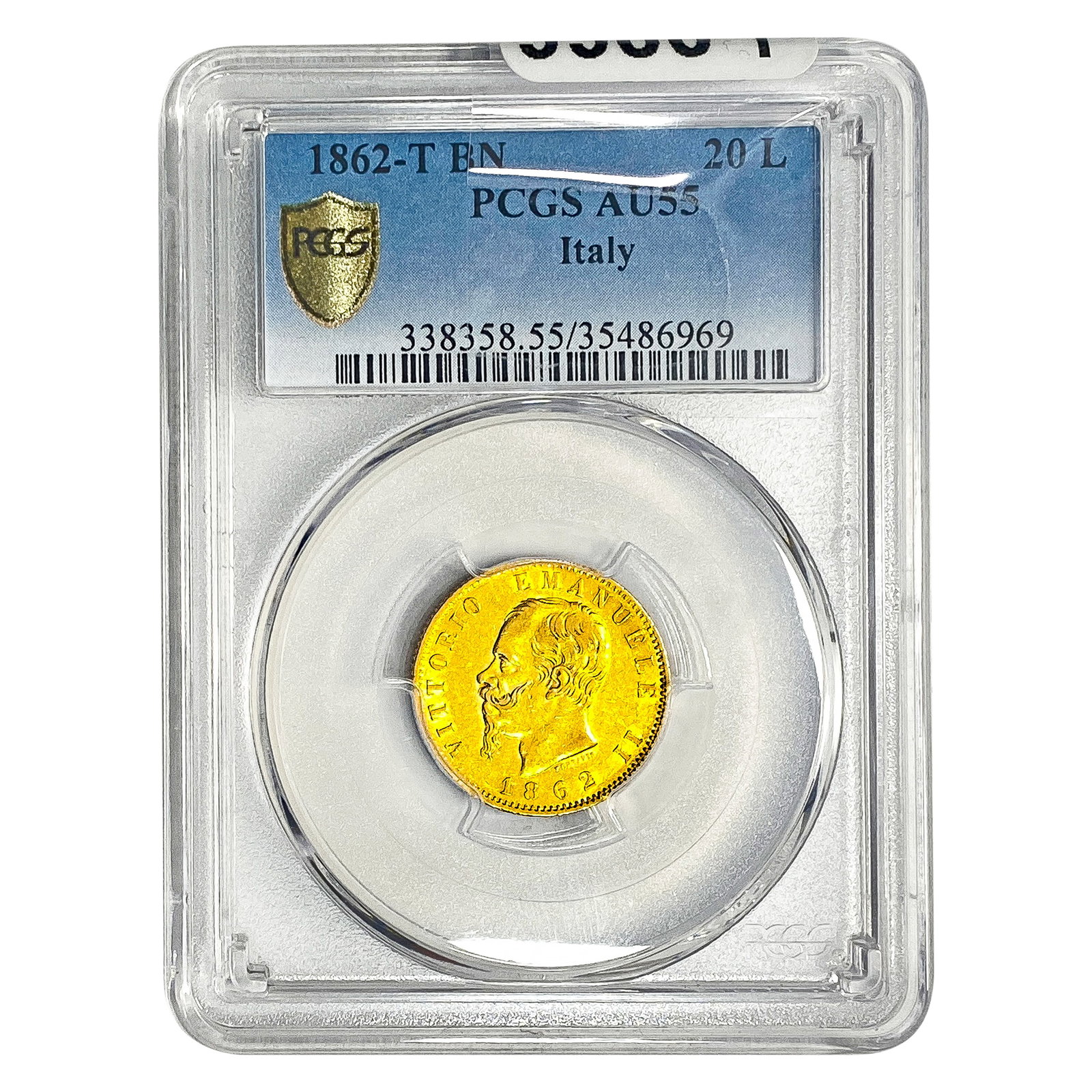 1862-T Italy Gold 20 Lire PCGS AU55: 1862-T Italy Gold 20 Lire PCGS AU55