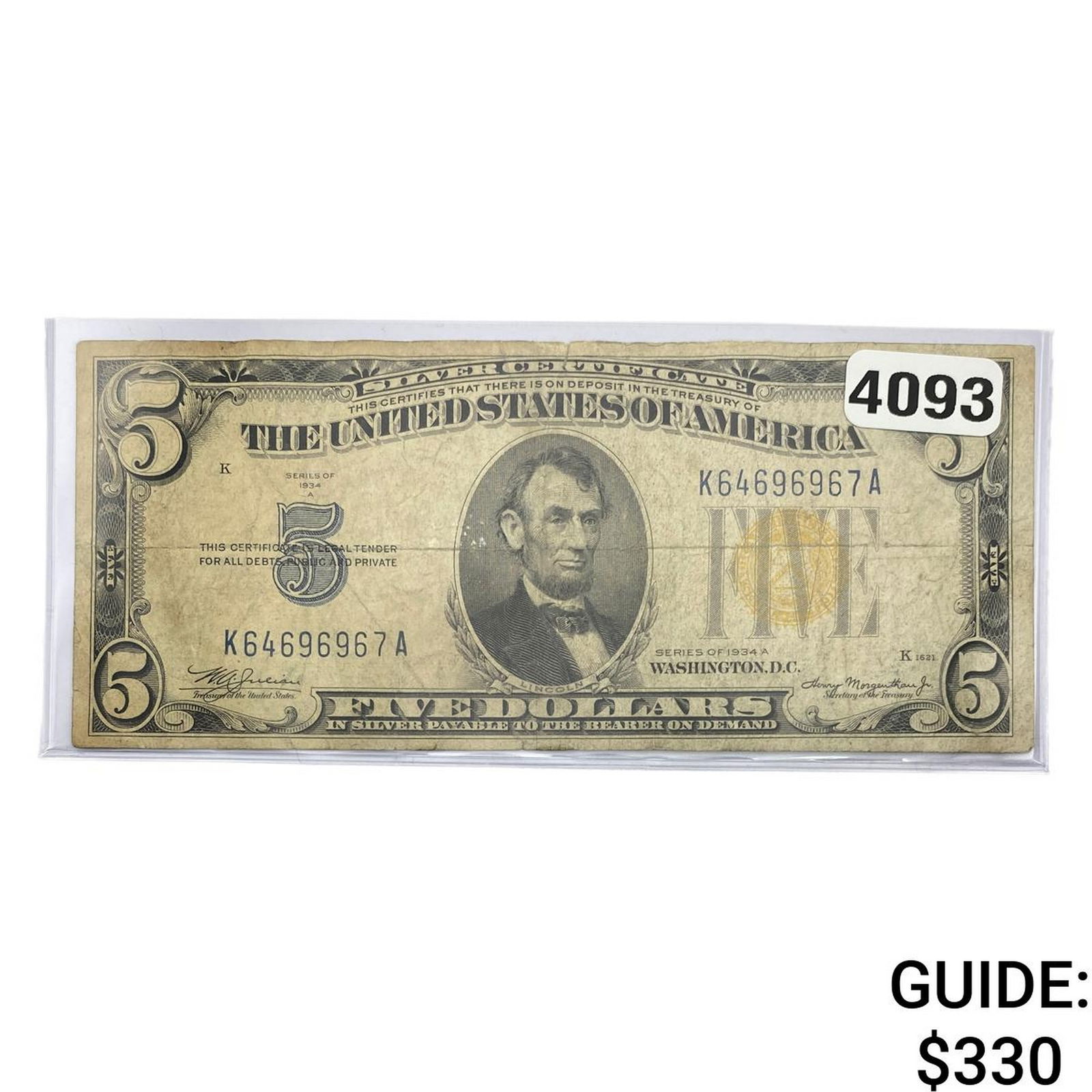 1934 $5 United States Silver Cert. Yellow Seal (1 of 2)