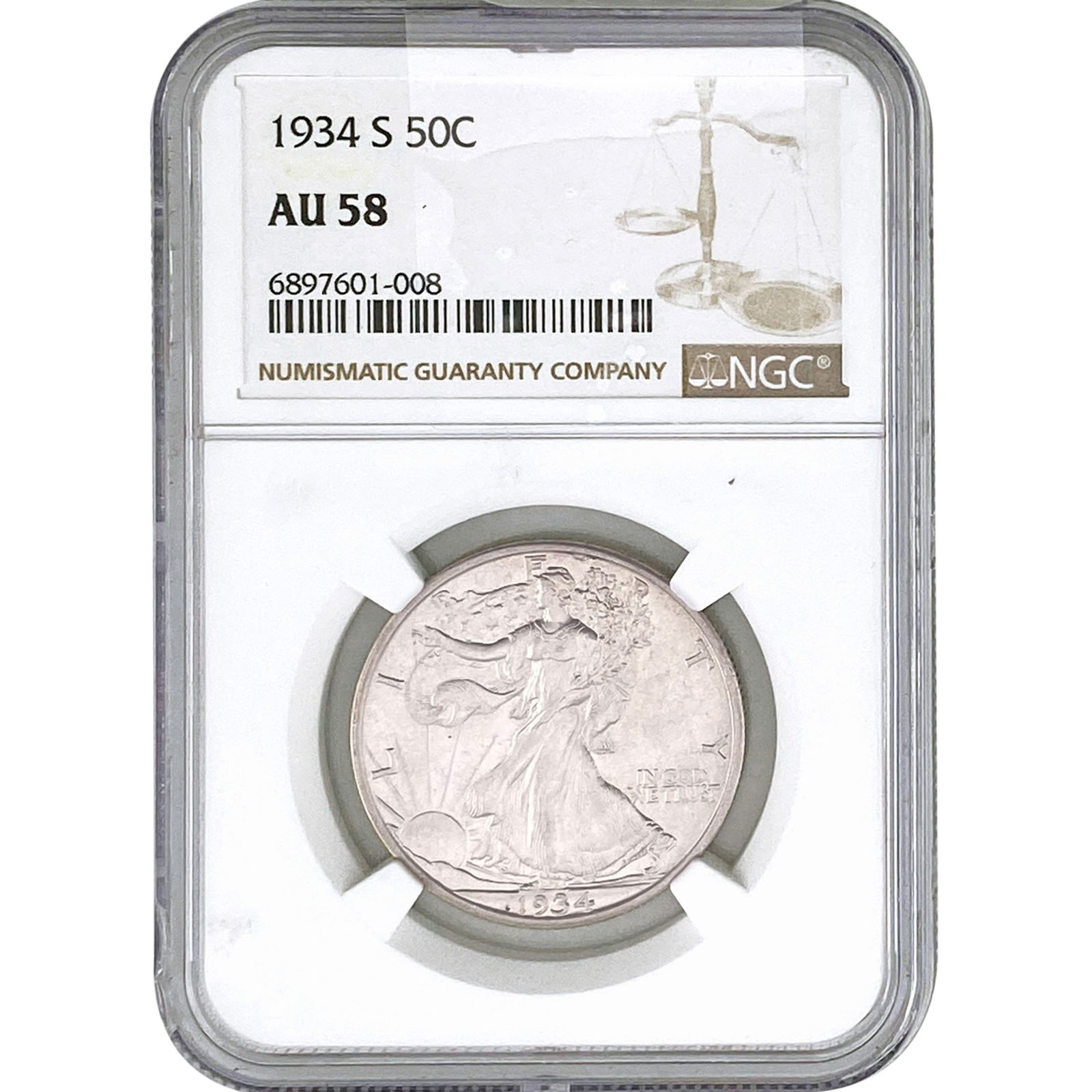 1934-S Walking Liberty Half Dollar NGC AU58: 1934-S Walking Liberty Half Dollar NGC AU58