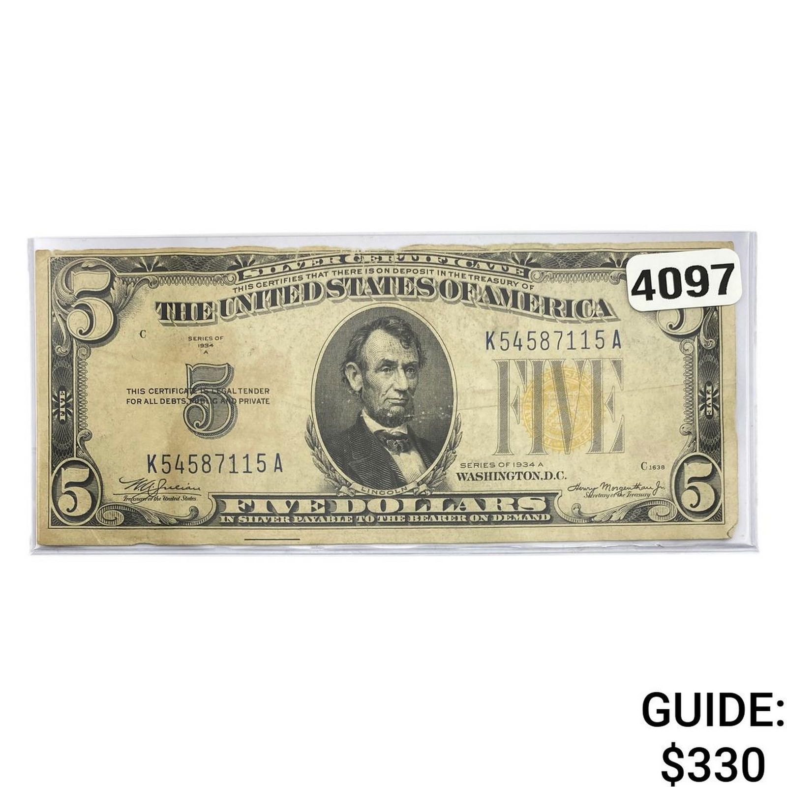 1934 $5 United States Silver Cert. Yellow Seal: 1934 $5 United States Silver Cert. Yellow Seal