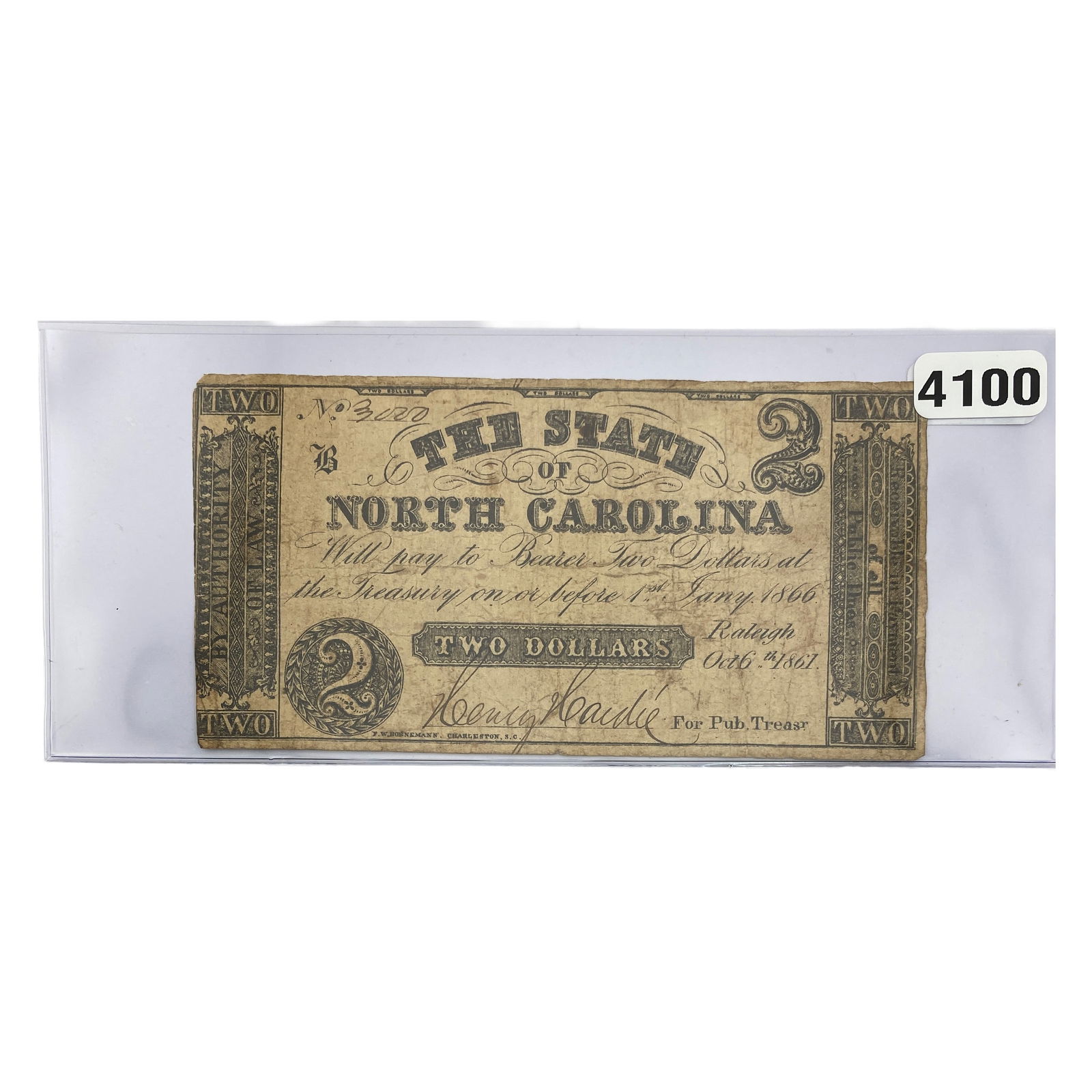1861 $2 State of North Carolina Note 2 (1 of 2)