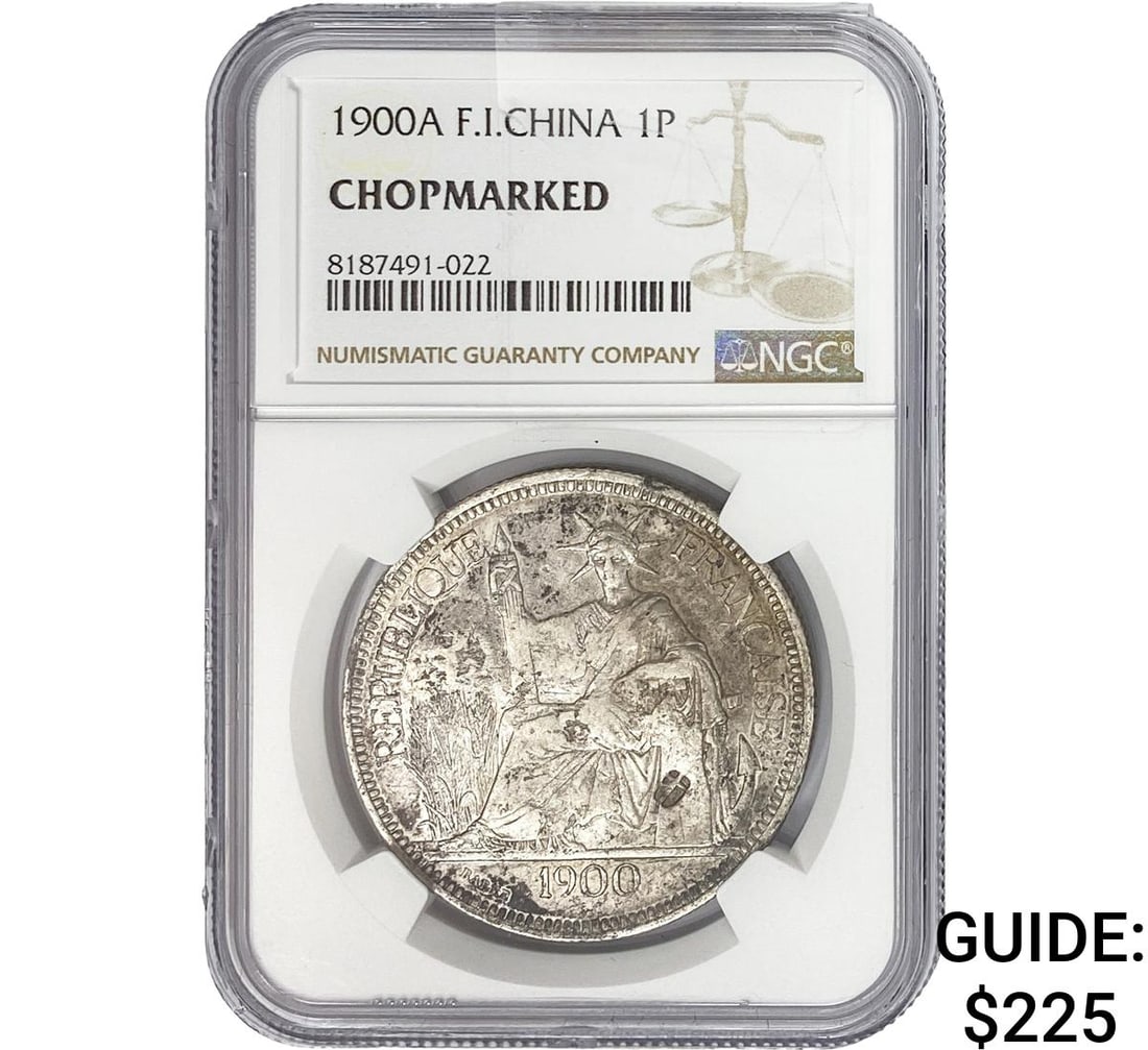 1900A France Indochina Silver 1 Piastre Chopmarked NGC: 1900A France Indochina Silver 1 Piastre Chopmarked NGC