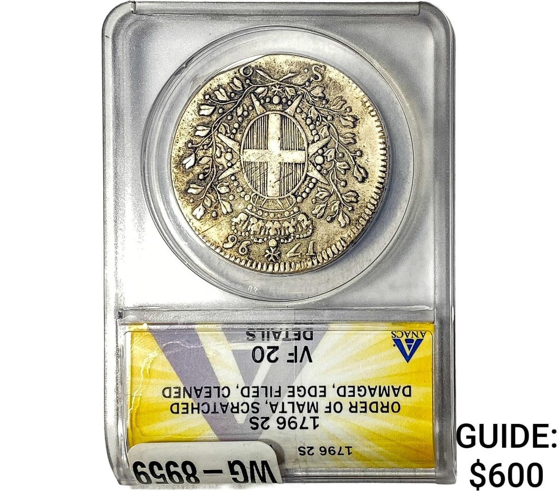 1796 Order of Malta Silver 2 Scudi Scratched ANACS VF20: 1796 Order of Malta Silver 2 Scudi Scratched ANACS VF20