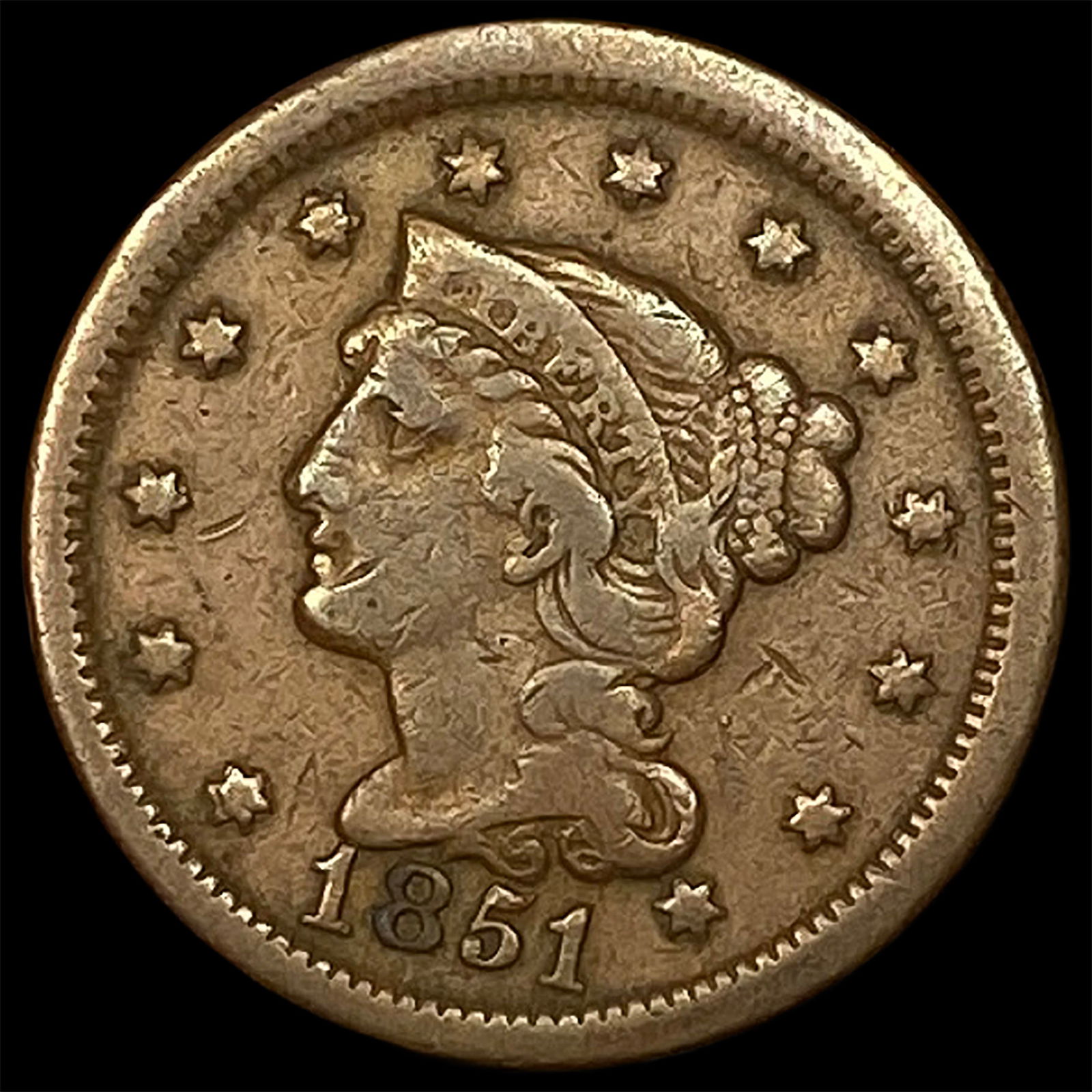 1851 Braided Hair Large Cent LIGHTLY CIRCULATED (1 of 2)