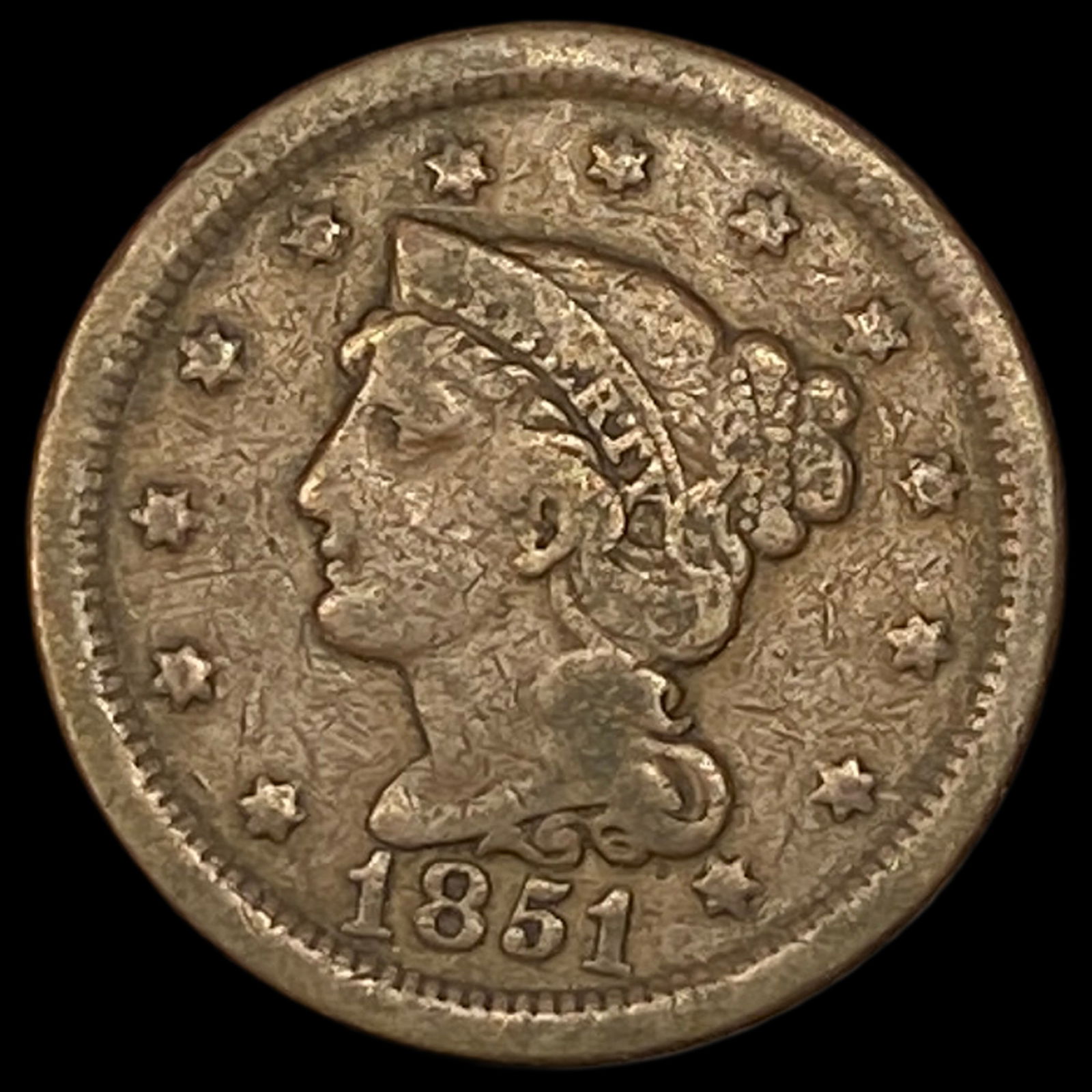 1851 Braided Hair Large Cent NICELY CIRCULATED: 1851 Braided Hair Large Cent NICELY CIRCULATED