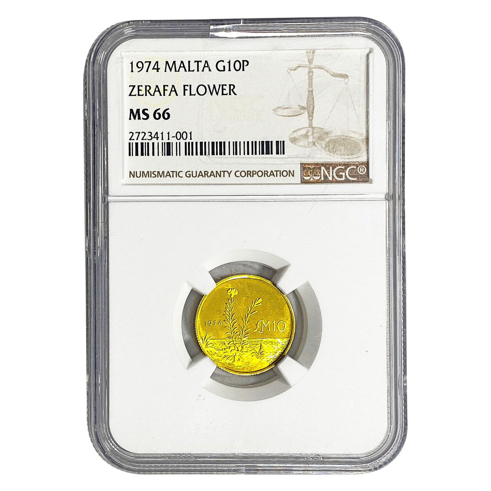 1974 Malta Gold 10P .0884 AGW Zerafa Flower NGC MS66: 1974 Malta Gold 10P .0884 AGW Zerafa Flower NGC MS66