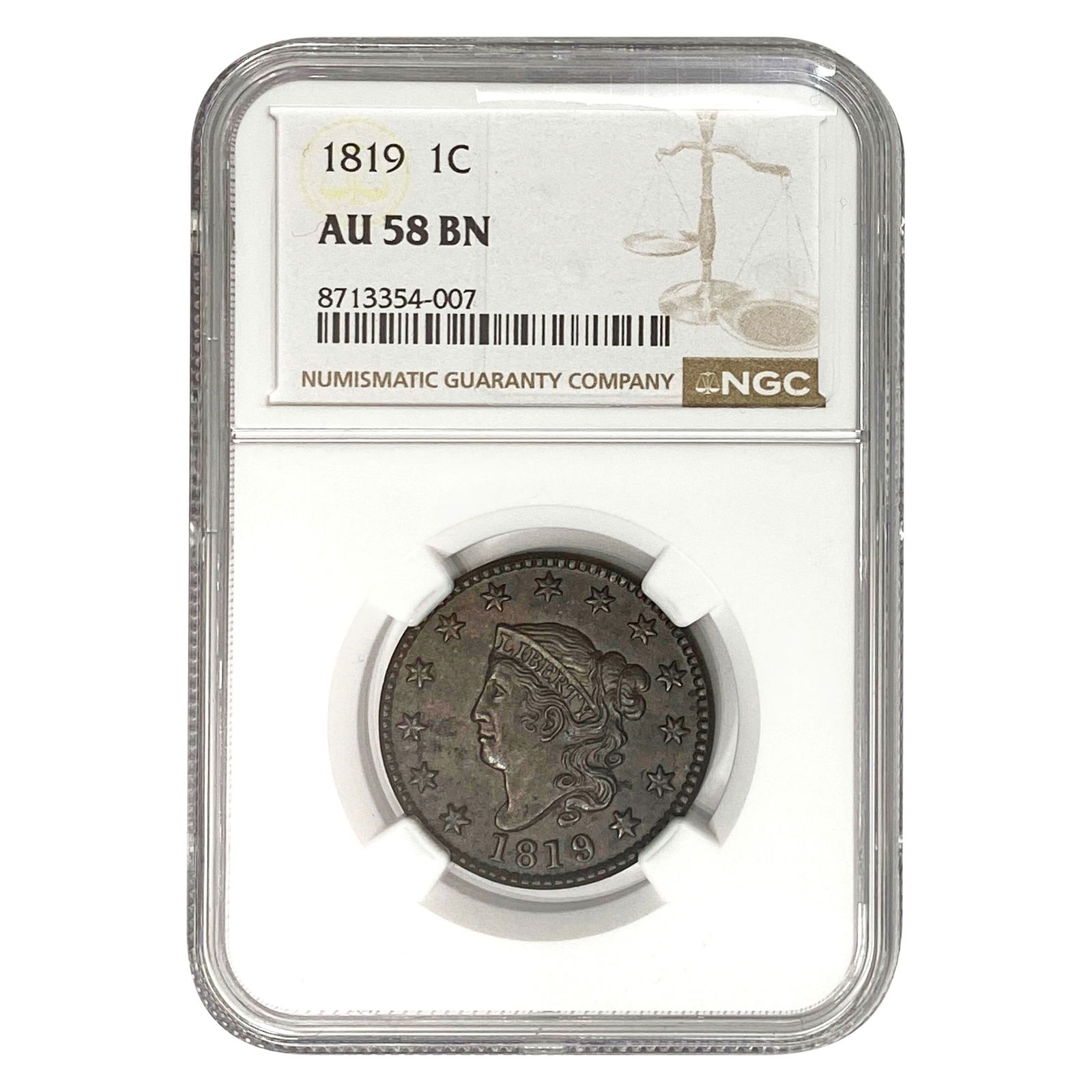 1819 Coronet Head Large Cent NGC AU58 BN (1 of 2)