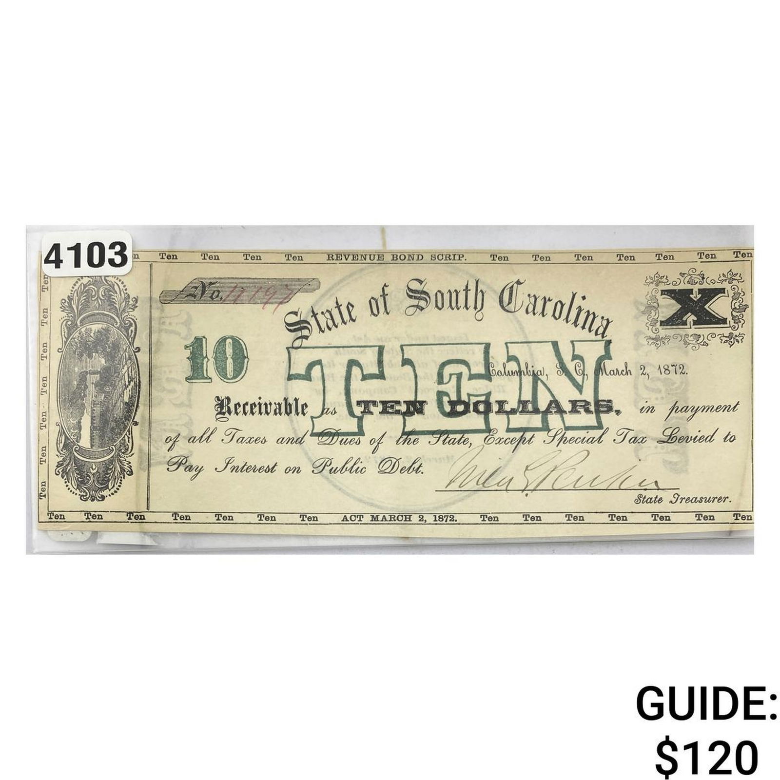 1872 $10 State of South Carolina Note (1 of 2)