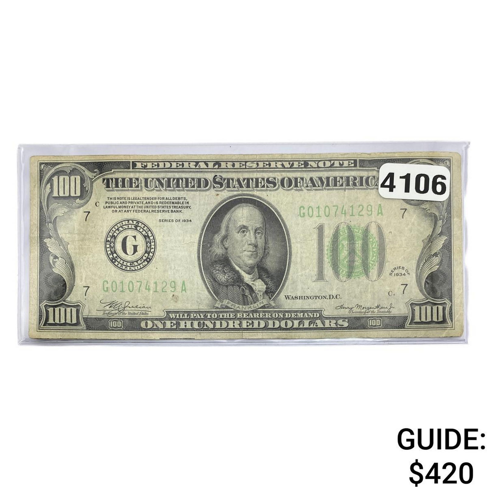 1934 $100 United States Federal Reserve Note IL (1 of 2)