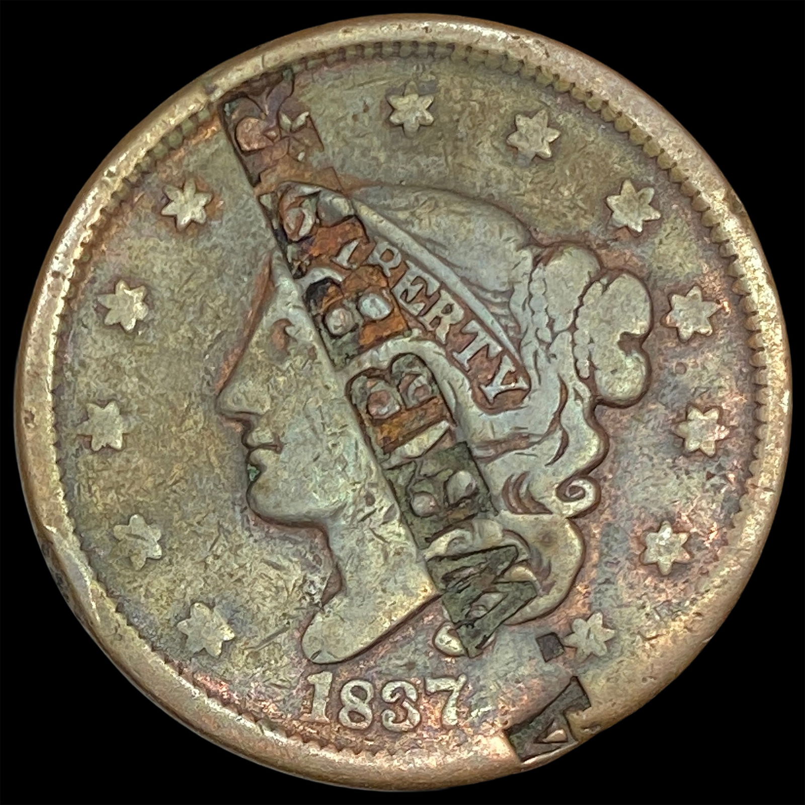 1837 Coronet Head Large Cent (Counterstamped) HIGH GRADE (1 of 2)