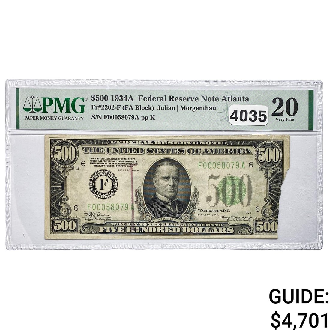 1934-A $500 Federal Reserve Note-Atlanta PMG 20 VF (1 of 2)
