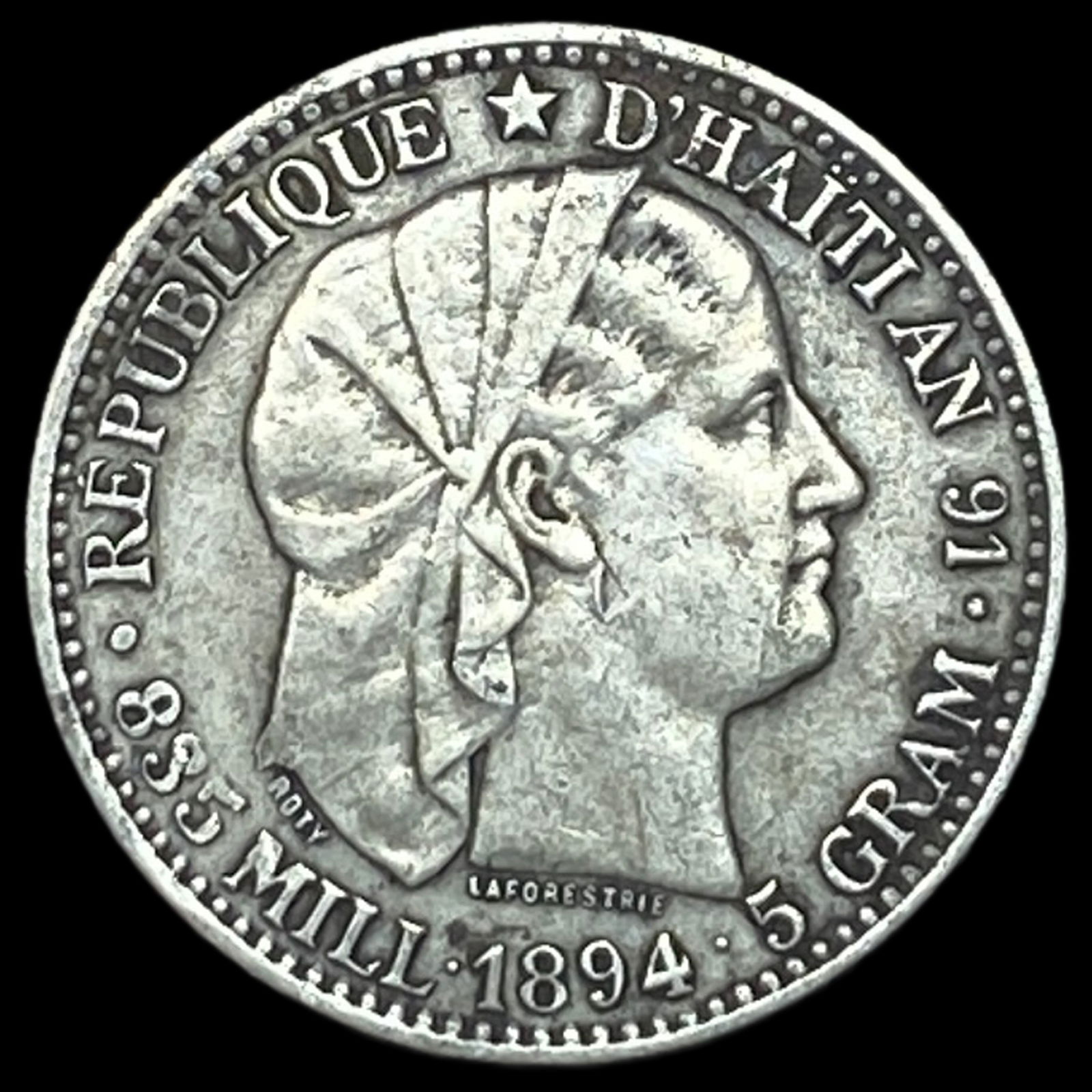 1894 Haiti Silver 20 Cents NEARLY UNCIRCULATED: 1894 Haiti Silver 20 Cents NEARLY UNCIRCULATED