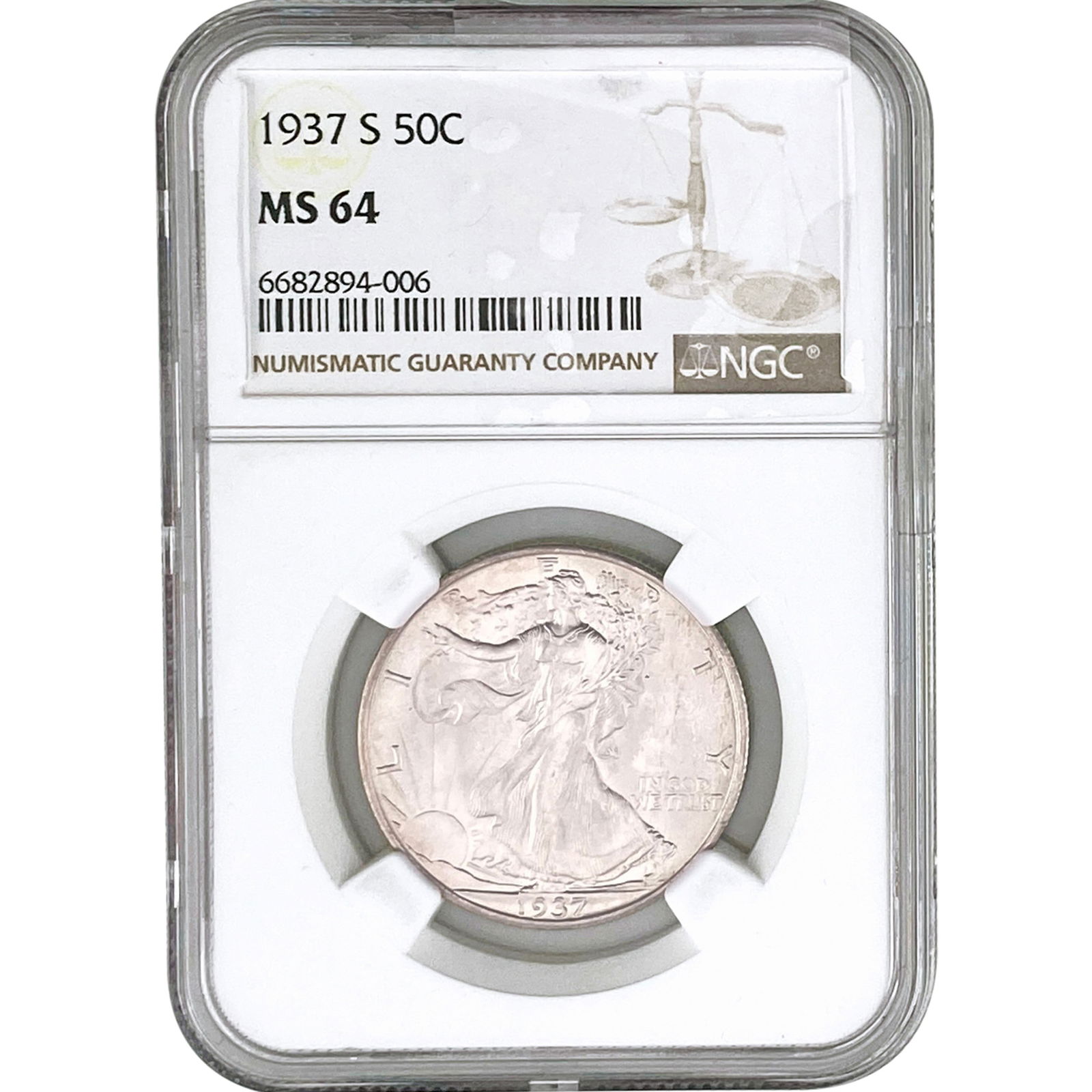 1937-S Walking Liberty Half Dollar NGC MS64: 1937-S Walking Liberty Half Dollar NGC MS64