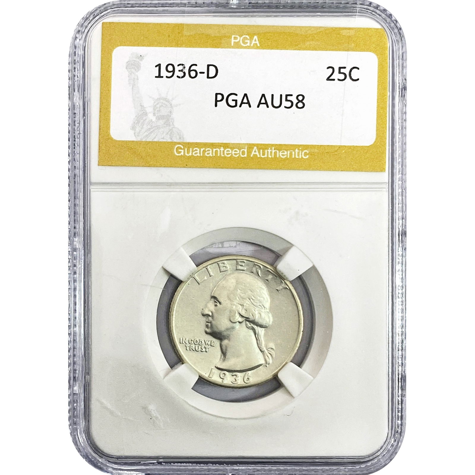 1936-D Washington Silver Quarter PGA AU58: 1936-D Washington Silver Quarter PGA AU58