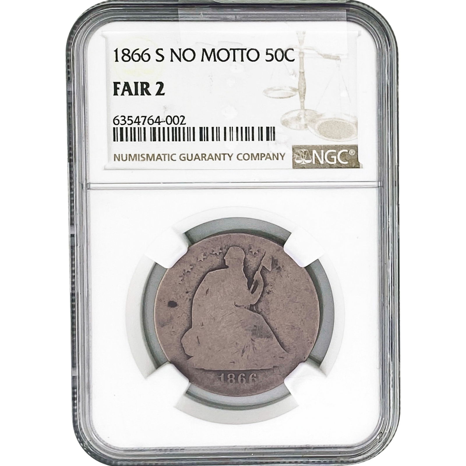 1866-S Seated Liberty Half Dollar NGC F2 No Motto: 1866-S Seated Liberty Half Dollar NGC F2 No Motto