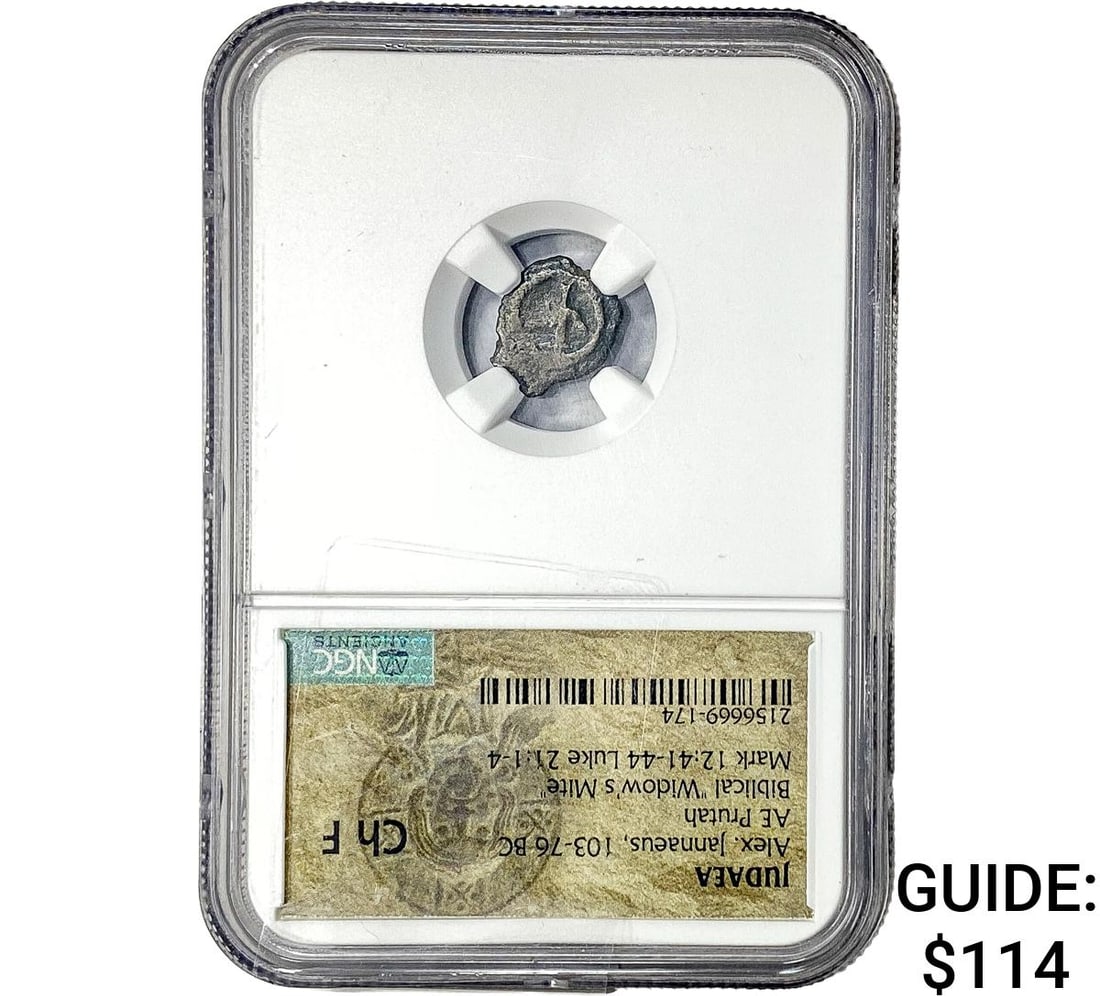 Judaea ALex Jannaeus 103-76 BC Bronze Prutah NGC CF F: Judaea ALex Jannaeus 103-76 BC Bronze Prutah NGC CF F