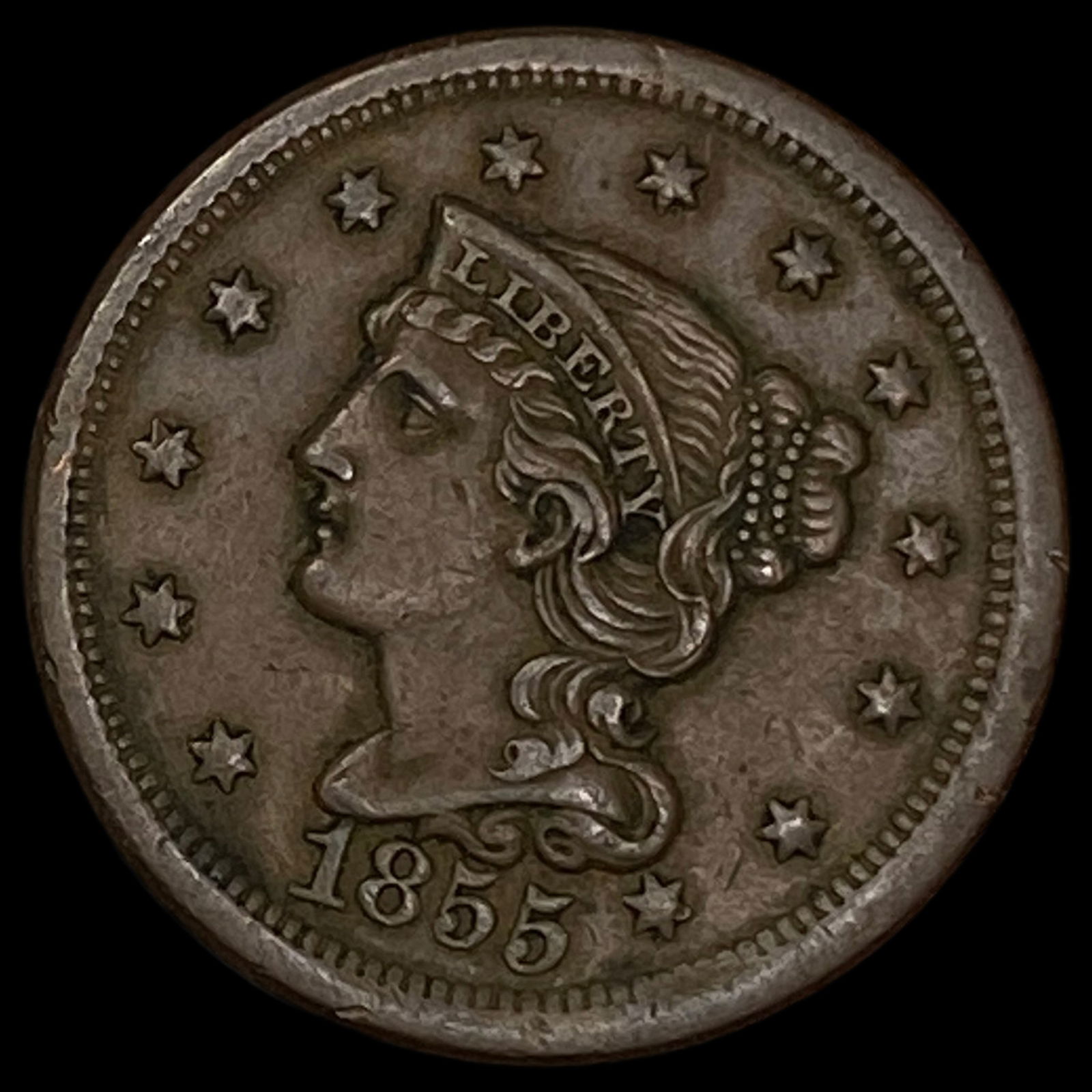 1855 Braided Hair Large Cent NEARLY UNCIRCULATED: 1855 Braided Hair Large Cent NEARLY UNCIRCULATED