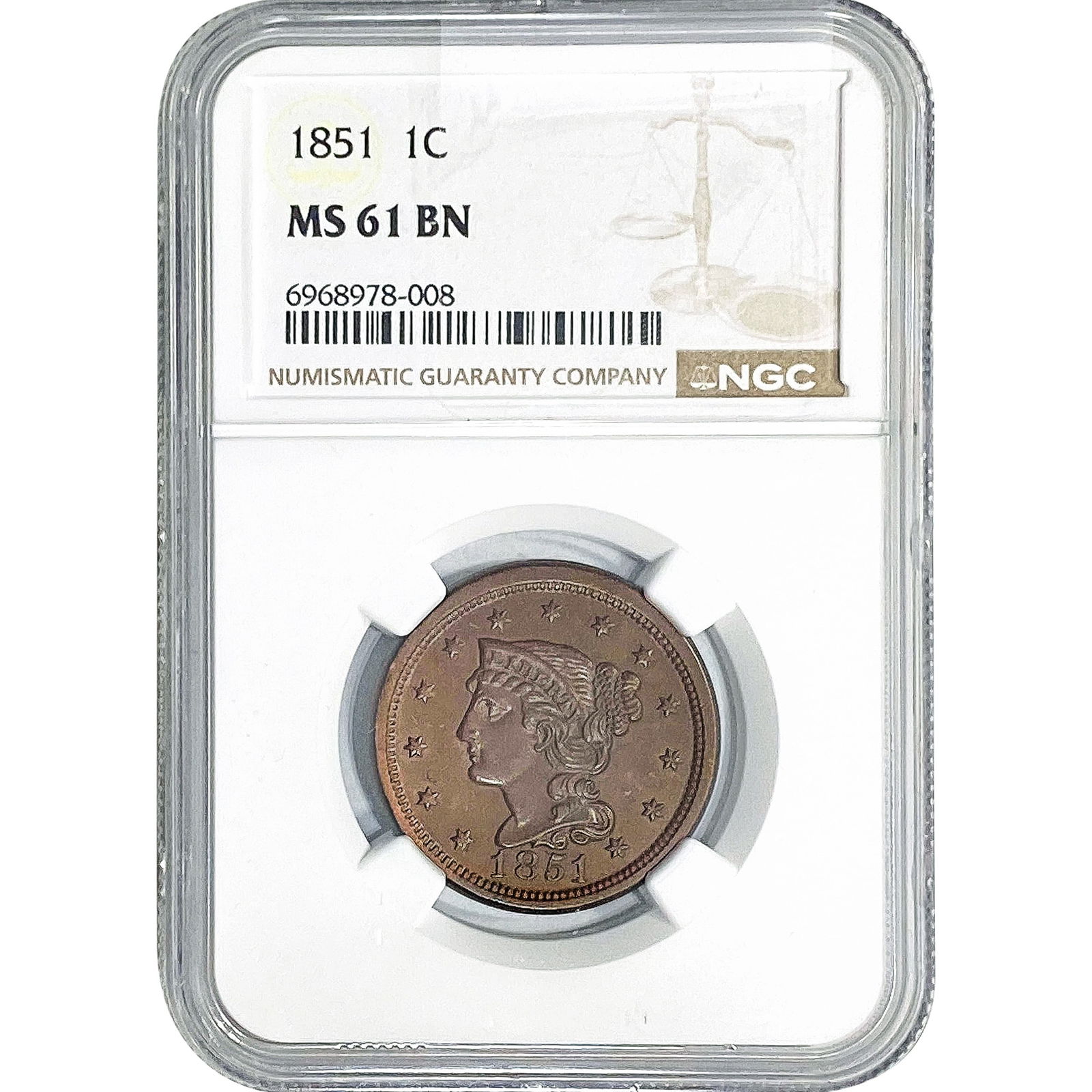 1851 Braided Hair Large Cent NGC MS61 BN (1 of 2)