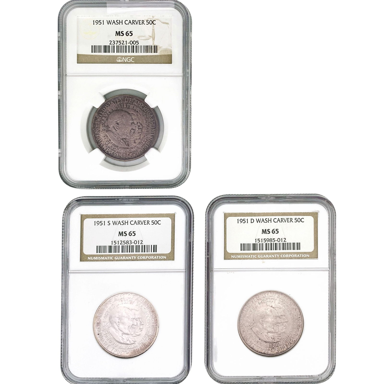 [3 Coins] 1951-D,S Washington Carver Half Dollar NGC MS65 (1 of 2)