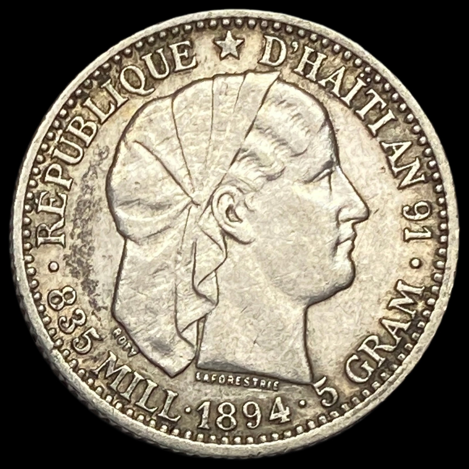 1894 Haiti Silver 20 Cents NEARLY UNCIRCULATED: 1894 Haiti Silver 20 Cents NEARLY UNCIRCULATED