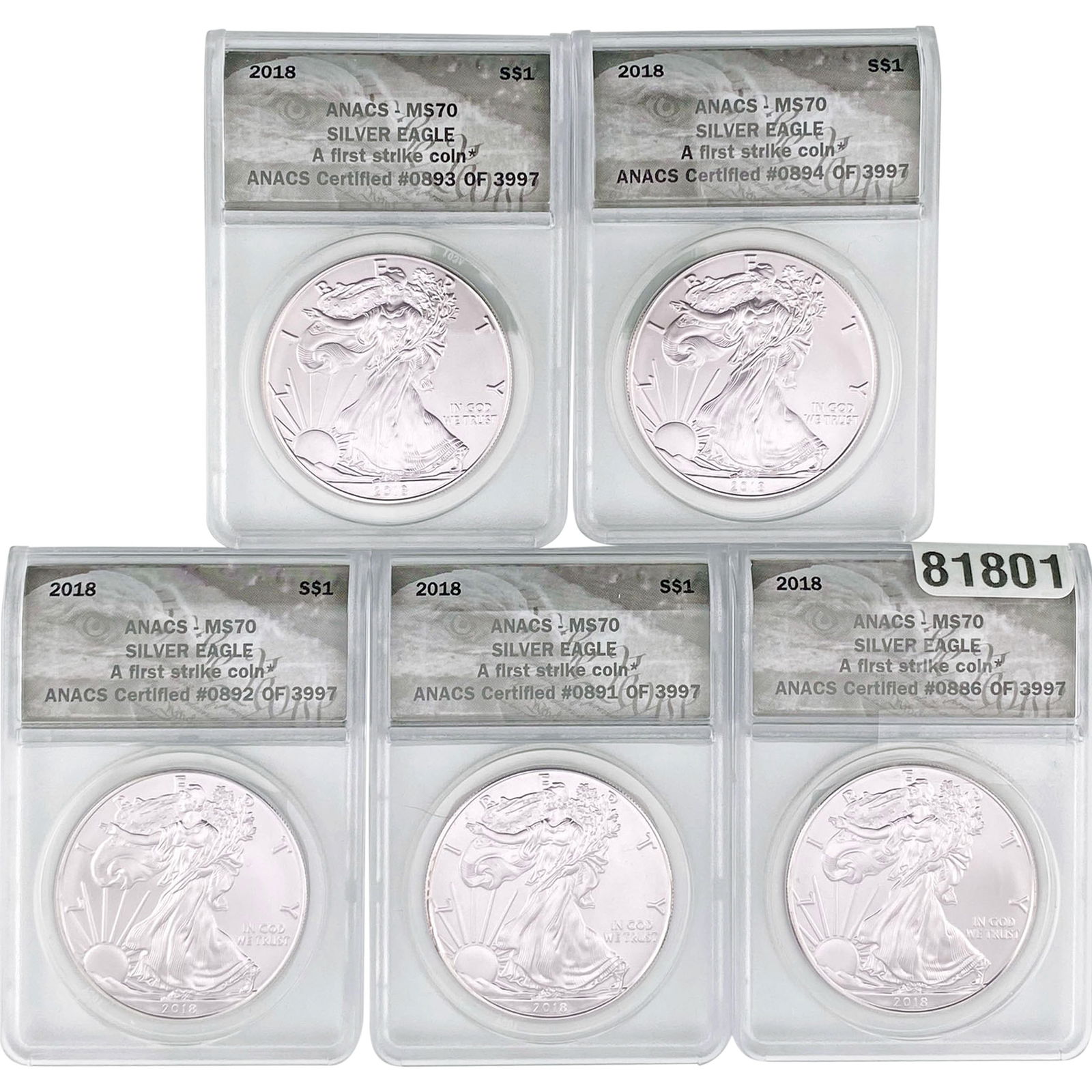 [5 Coins] 2018 Silver Eagle ANACS MS70 (1 of 2)