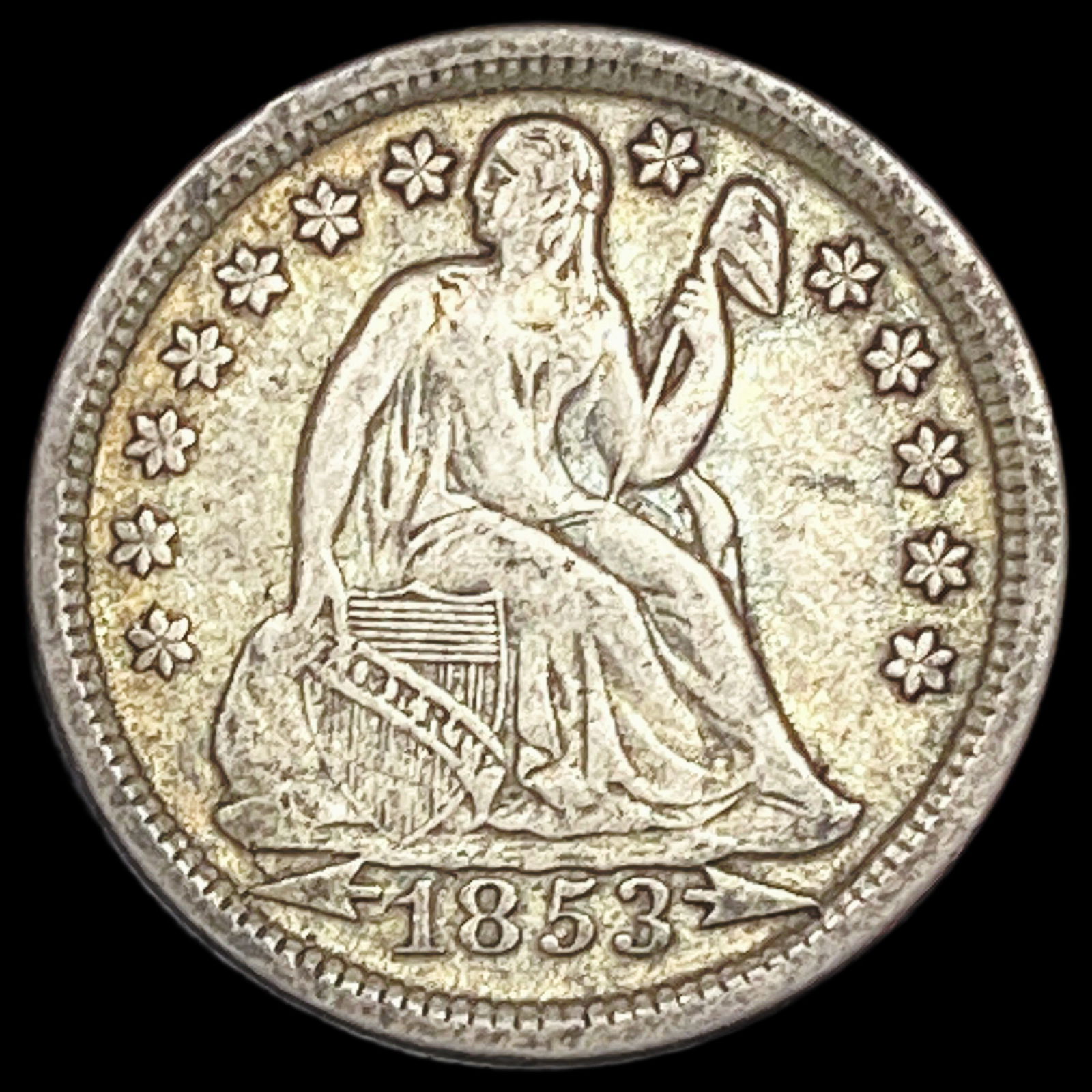 1853 Arrows Seated Liberty Dime NEARLY UNCIRCULATED (1 of 2)