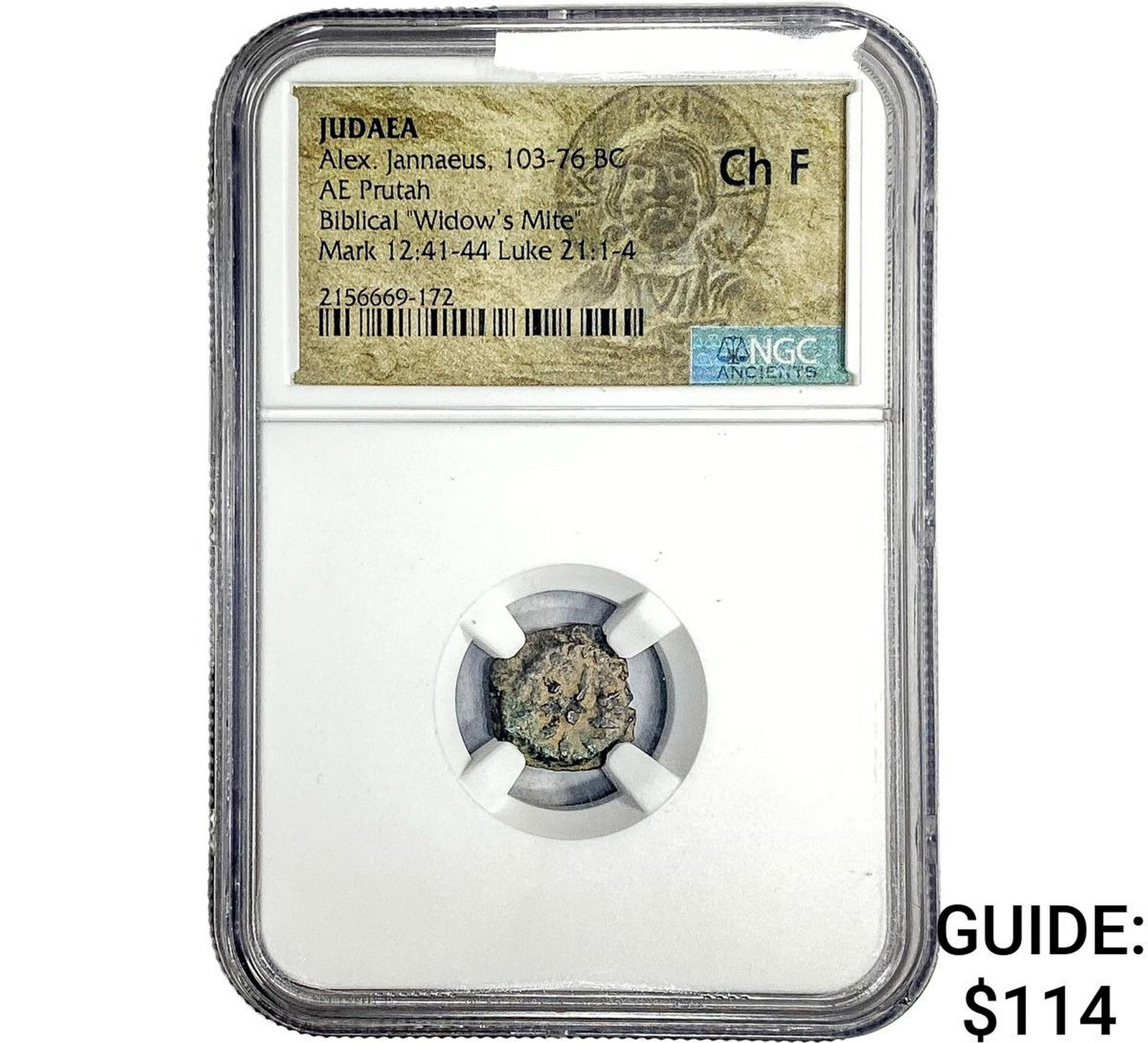 Judaea Alex Jannaeus 103-76 BC Bronze Prutah NGC CH F: Judaea Alex Jannaeus 103-76 BC Bronze Prutah NGC CH F