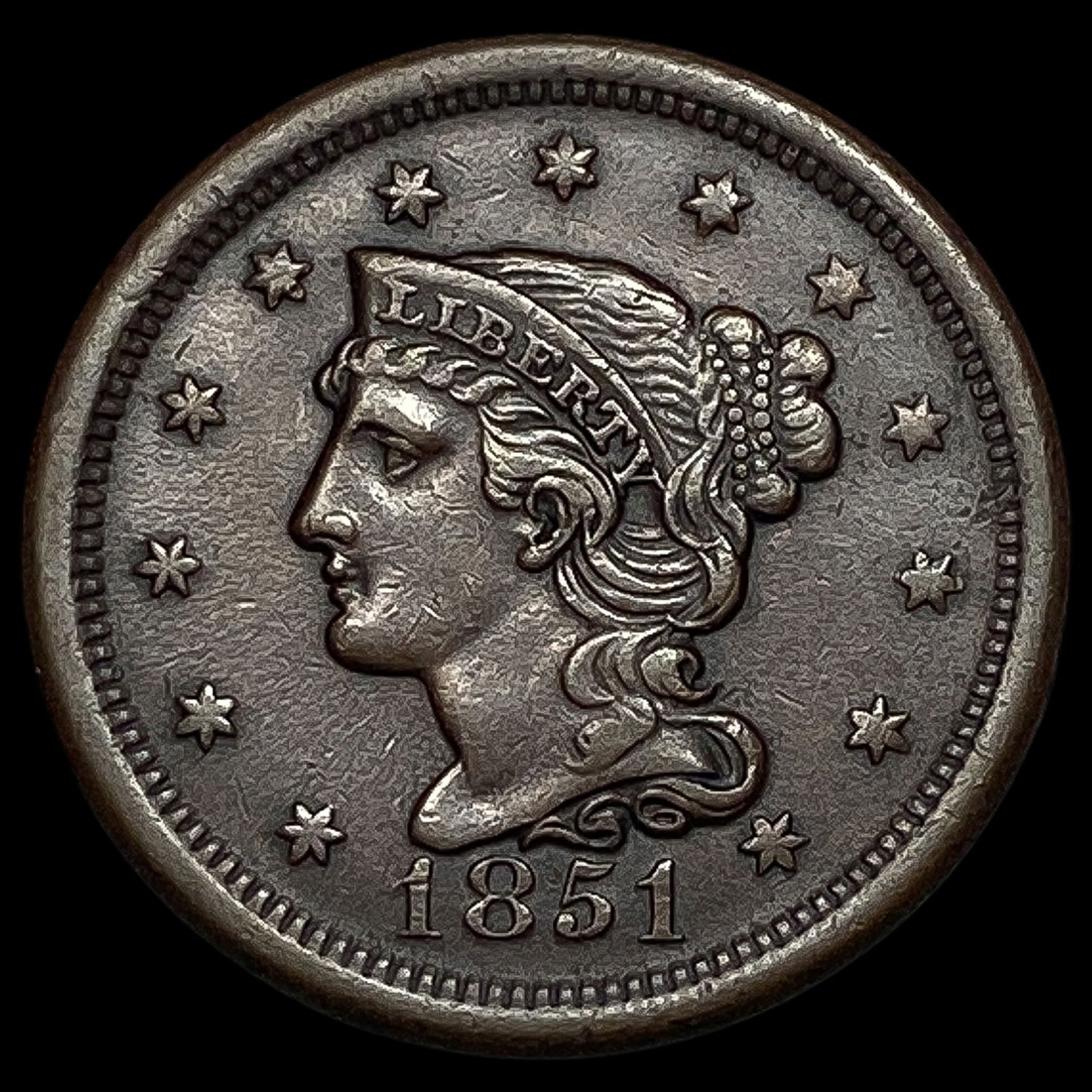 1851 Braided Hair Large Cent CLOSELY UNCIRCULATED: 1851 Braided Hair Large Cent CLOSELY UNCIRCULATED
