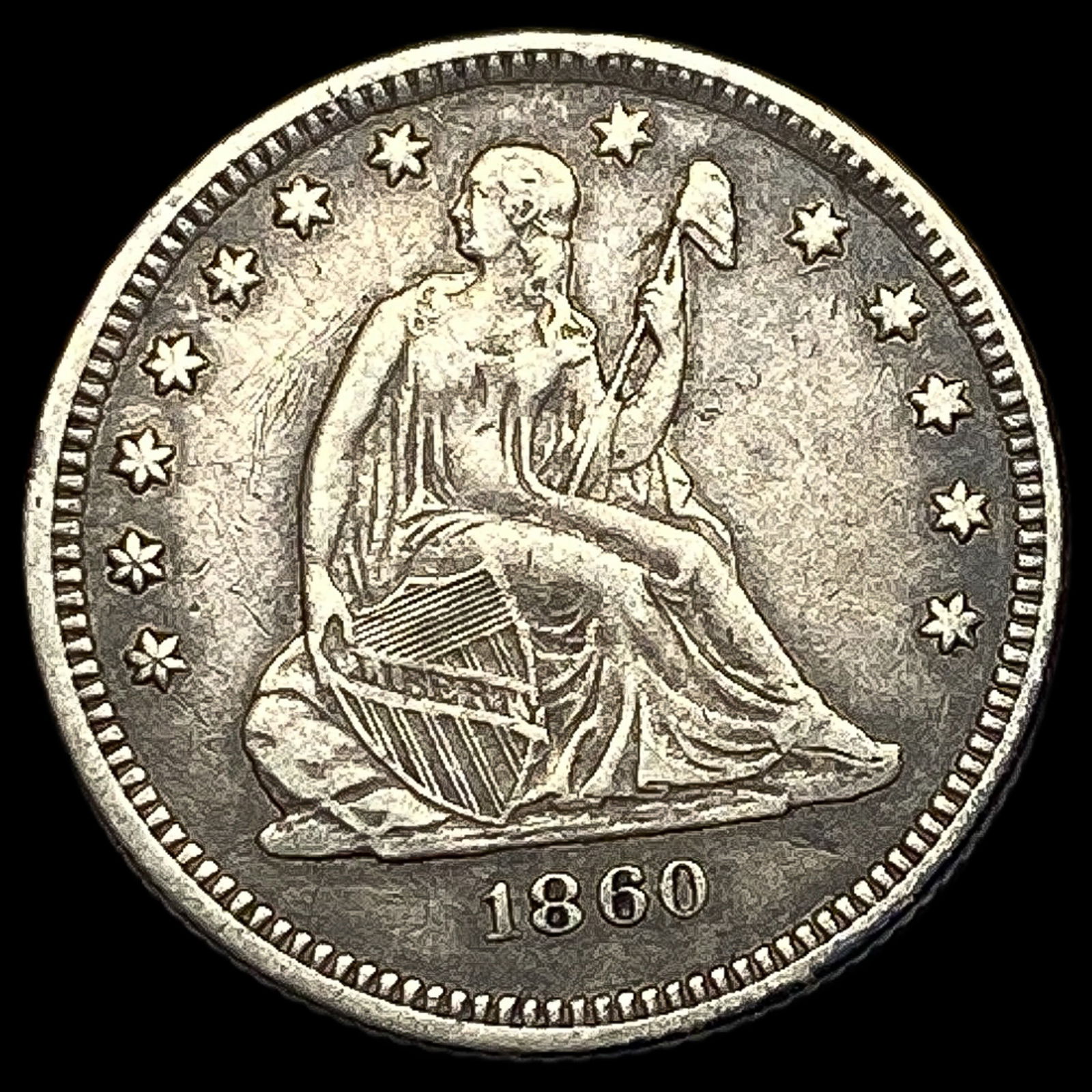 1860-S Silver Seated Liberty Quarter NEARLY UNCIRCULATED (1 of 2)