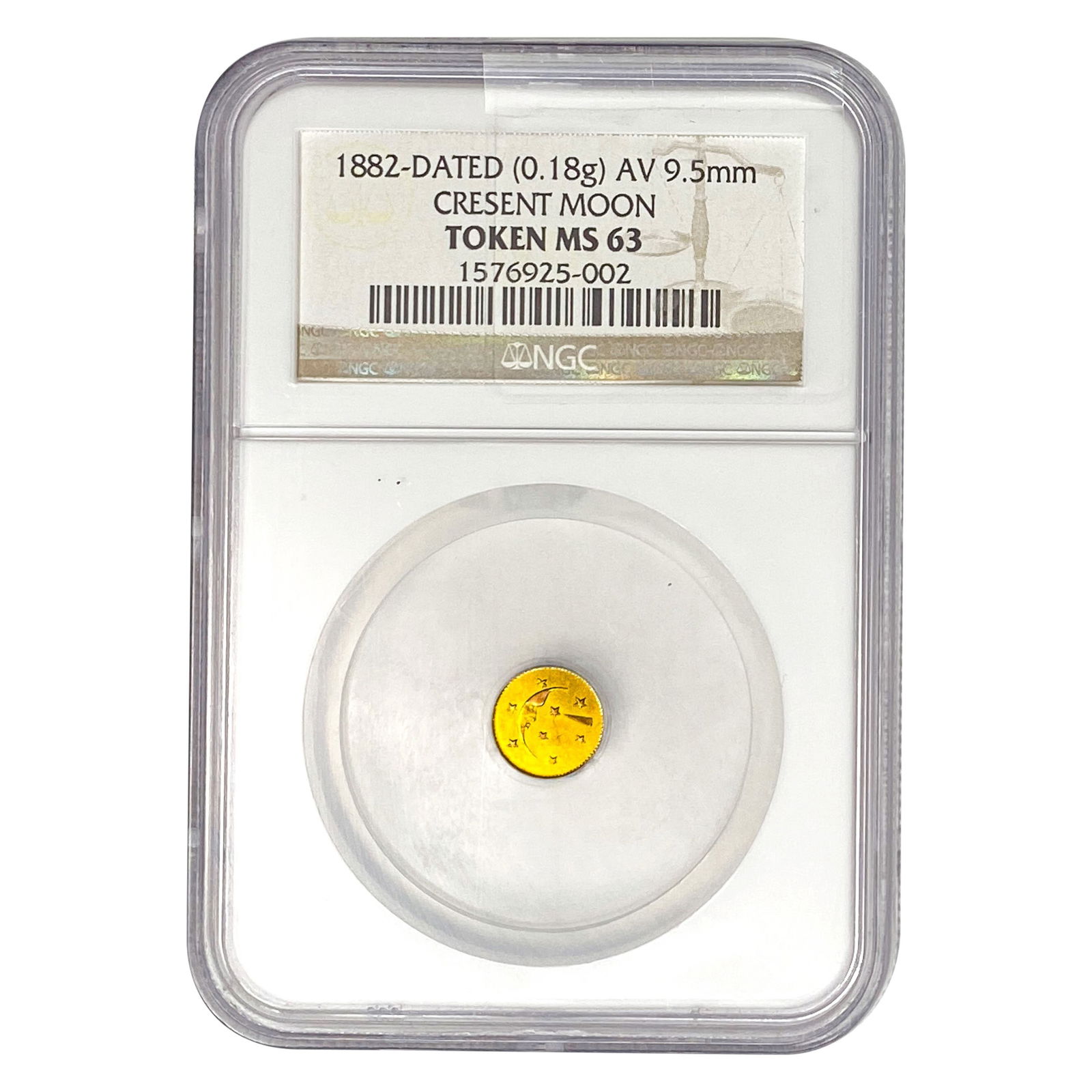 1882 Cresent Moon Gold Token .18g AV 9.5mm NGC MS63: 1882 Cresent Moon Gold Token .18g AV 9.5mm NGC MS63
