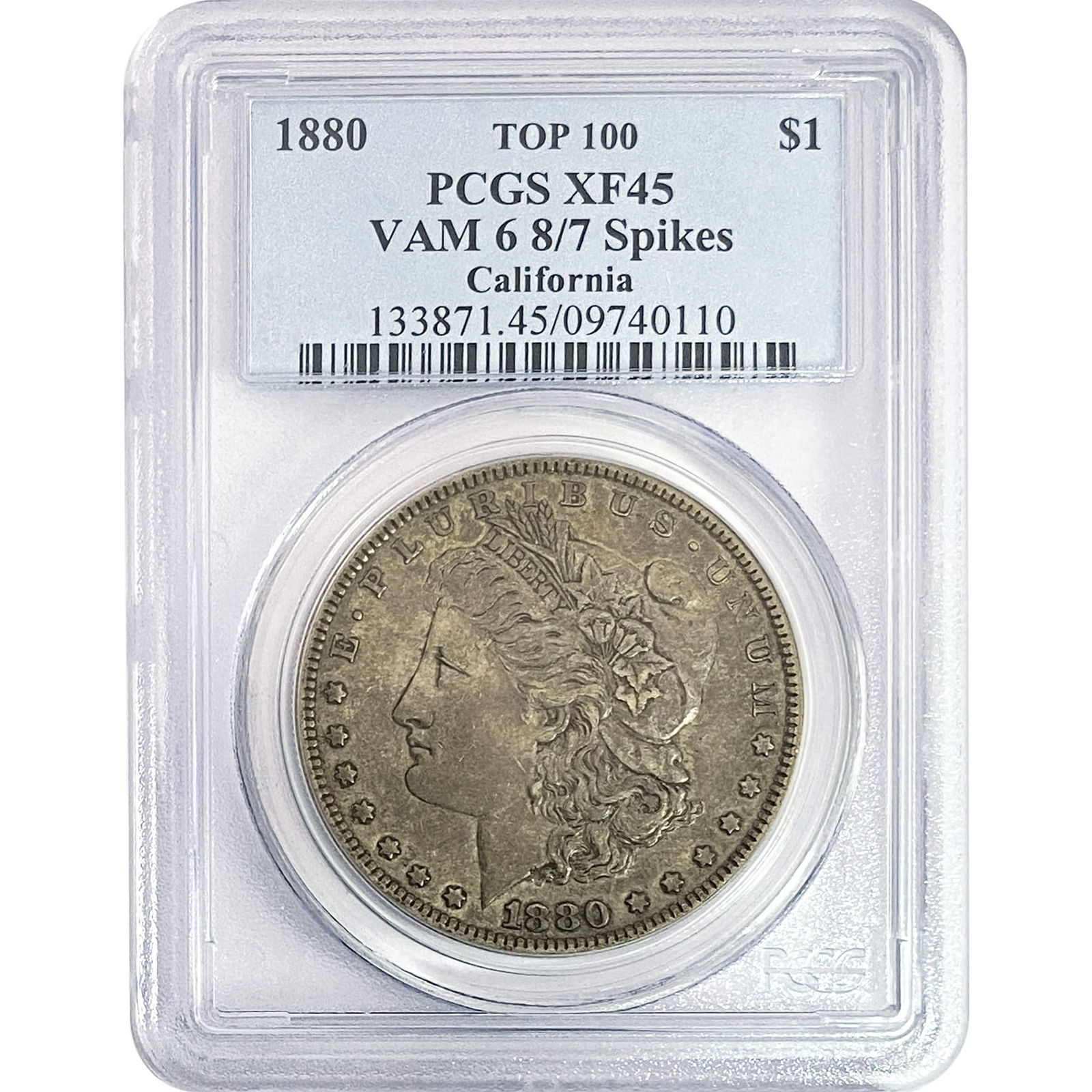 1880 Morgan Silver Dollar PCGS XF45 8/7 Spikes: 1880 Morgan Silver Dollar PCGS XF45 8/7 Spikes