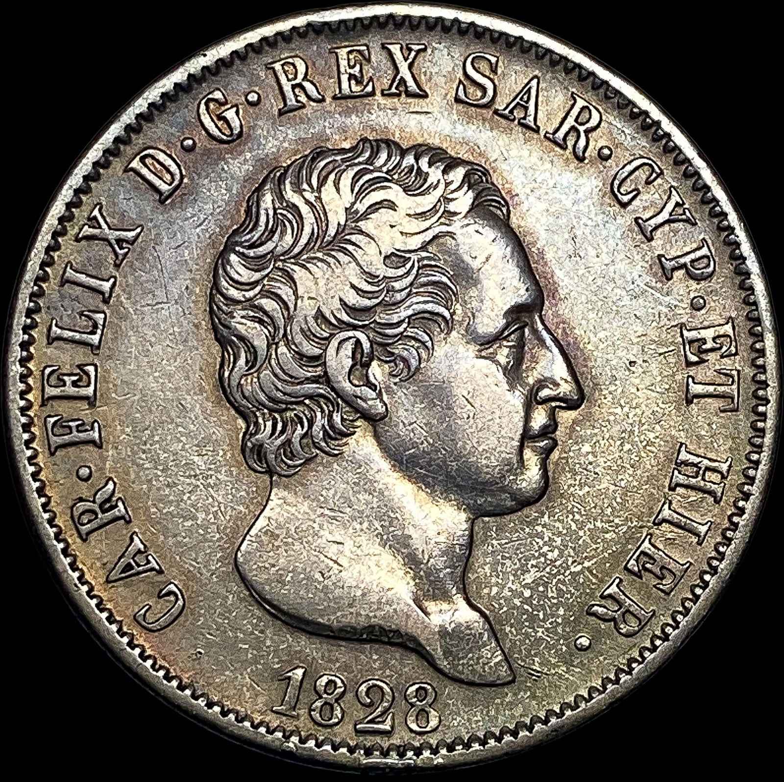1828 Sardinia Italian States Silver 5 Lire NEARLY UNCIRCULATED (1 of 2)