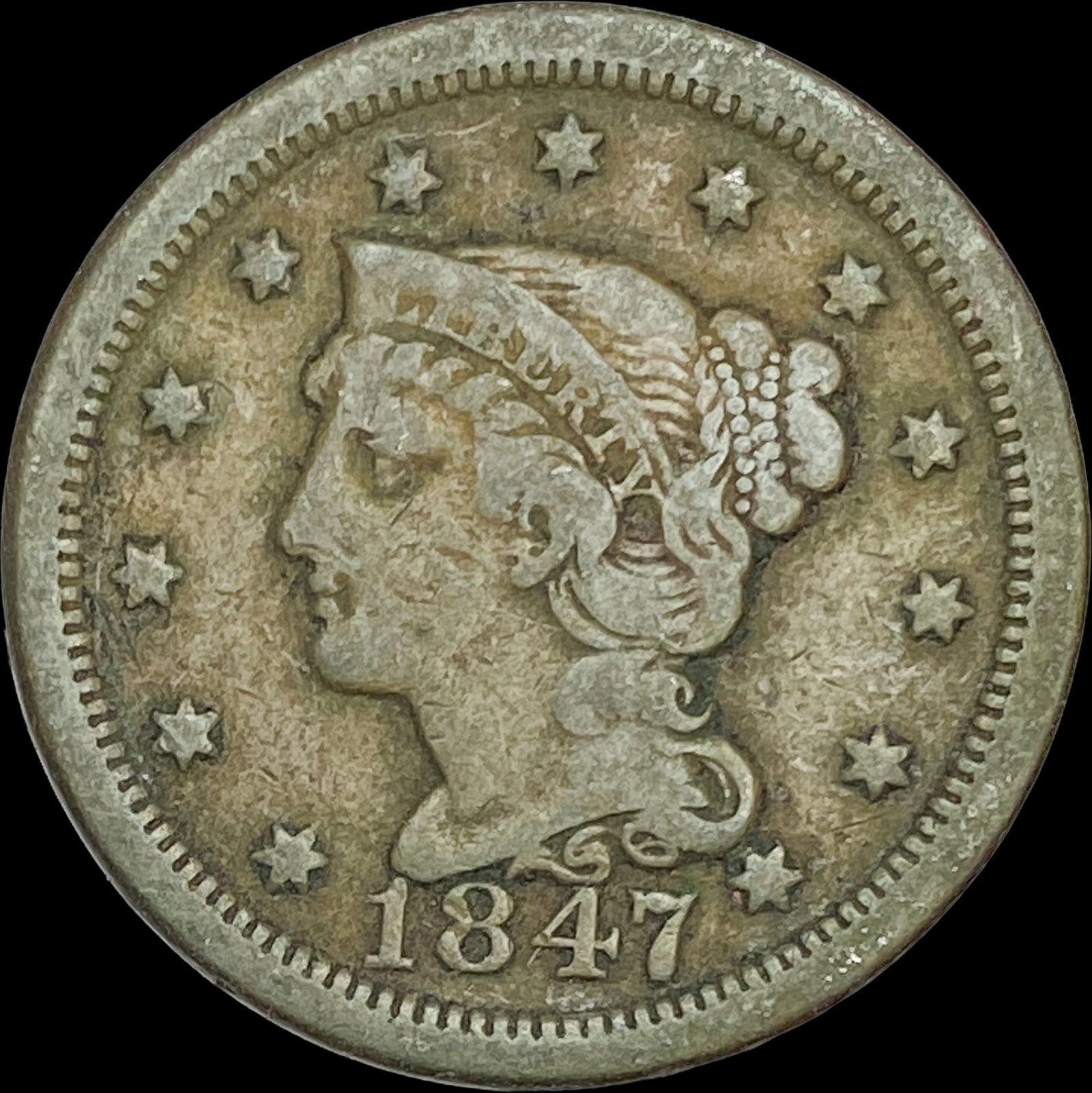 1847 Braided Hair Large Cent LIGHTLY CIRCULATED (1 of 2)