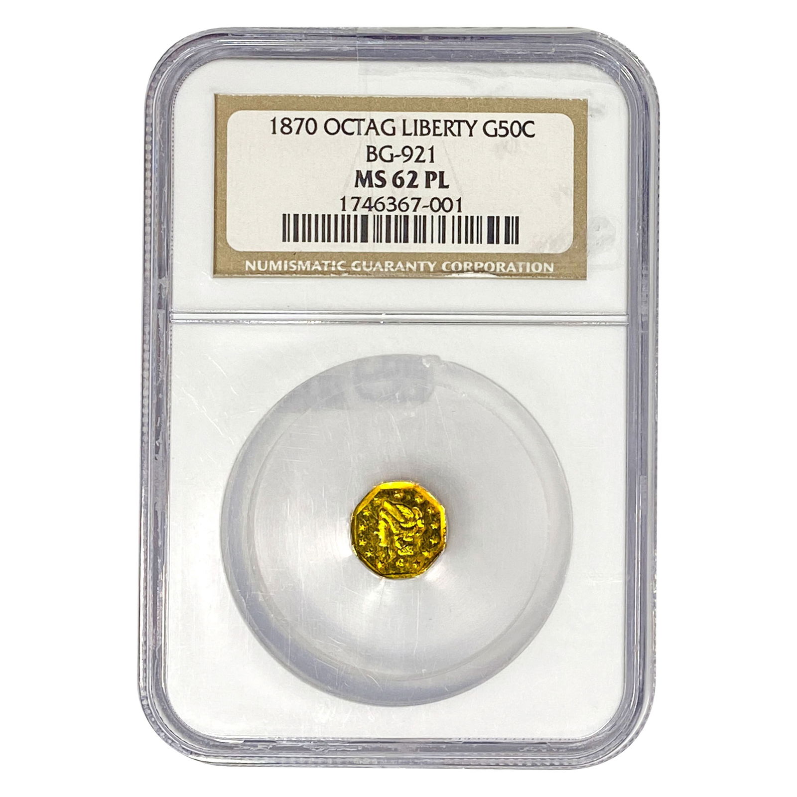 1870 Octagonal California Gold Half Dollar NGC MS62 PL BG-921: 1870 Octagonal California Gold Half Dollar NGC MS62 PL BG-921