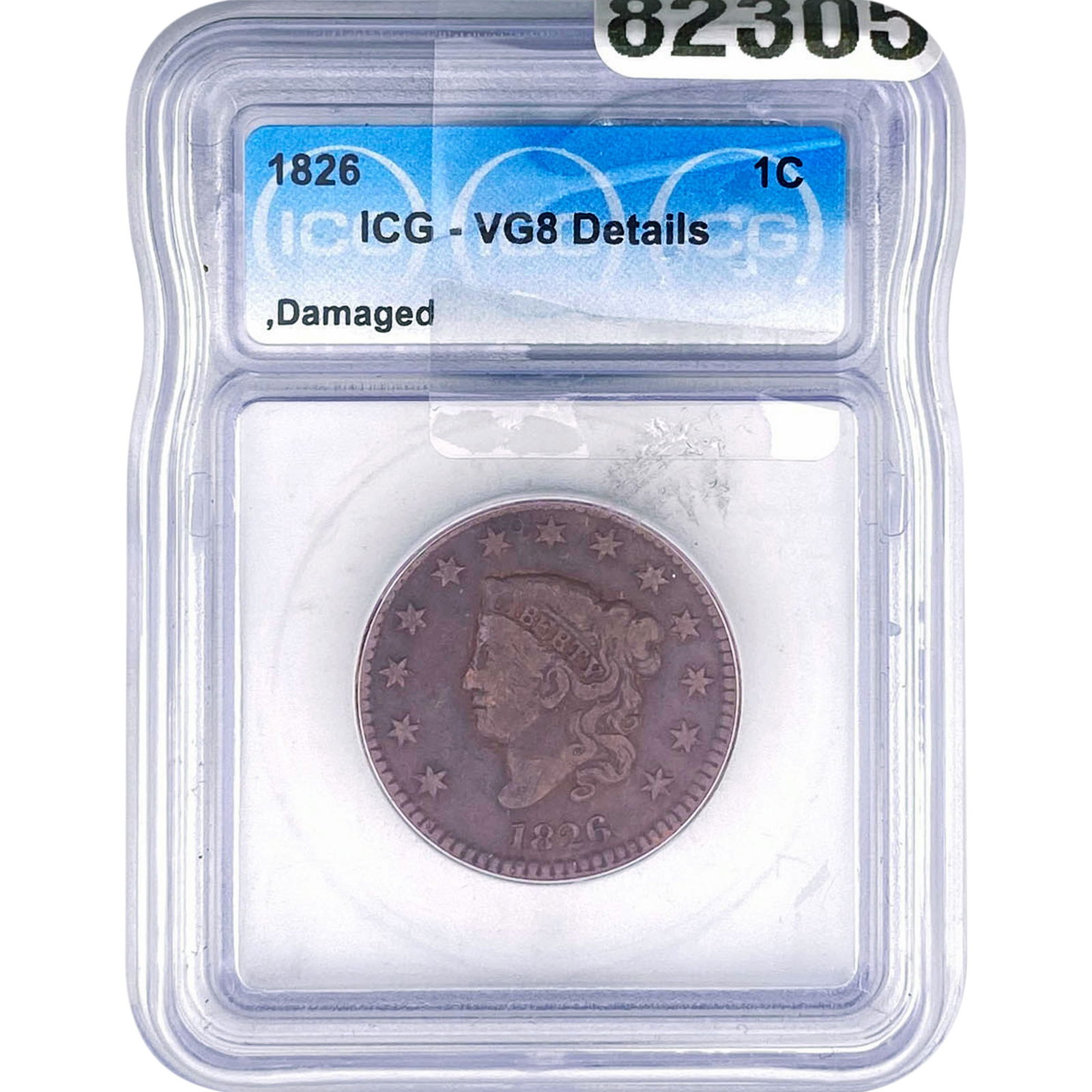 1826 Coronet Head Cent ICG VG8 DETAILS (1 of 2)
